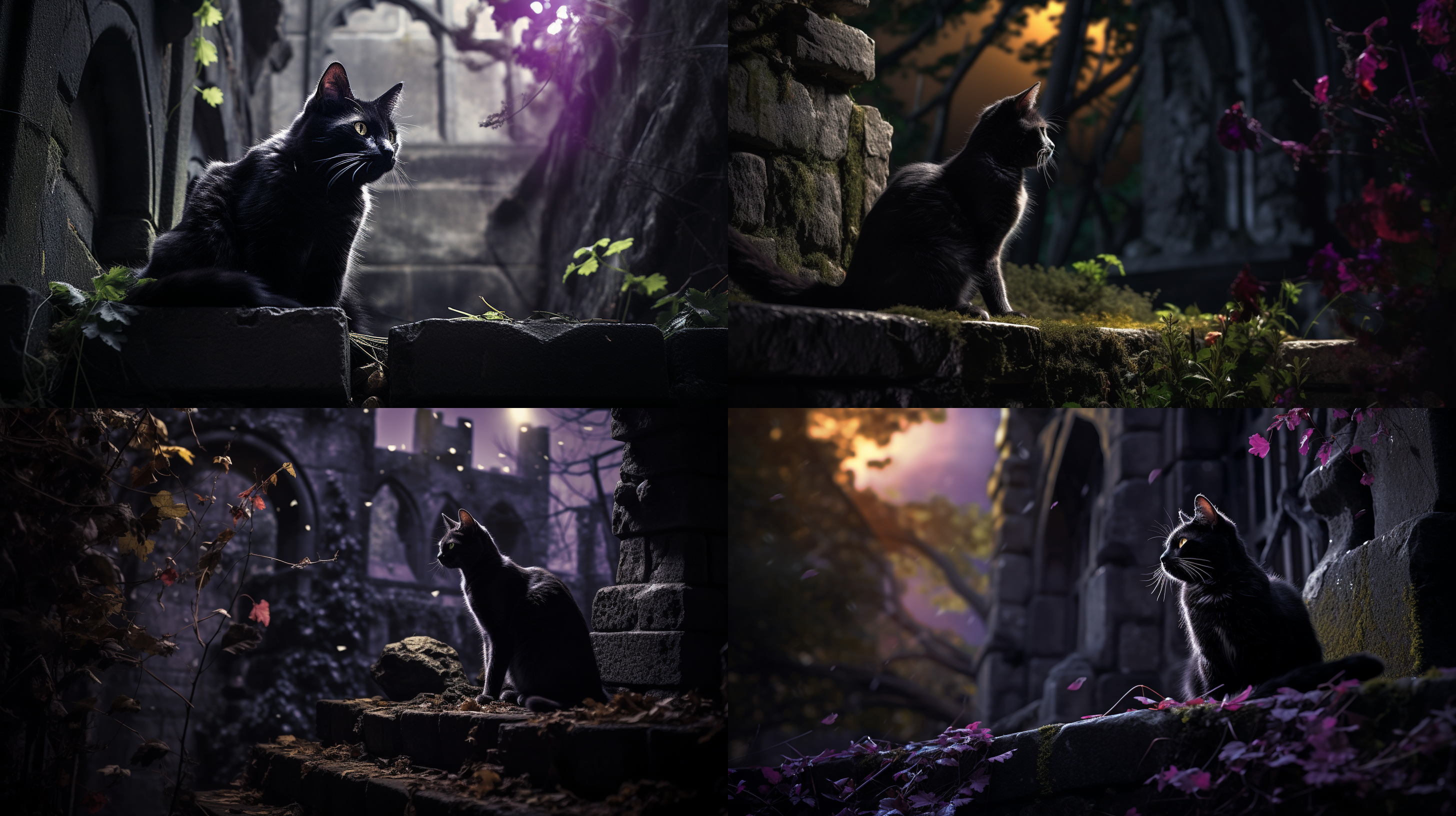 一只黑猫在月光下探索废弃的古堡，背景是蔓延的爬藤和苔藓覆盖的石头墙。猫身披古旧的紫色斗篷，眼神警惕而神秘。黑白风格，月光透过树叶洒落，强调对比度，侧面视角，中焦镜头，静止动作，神秘感。