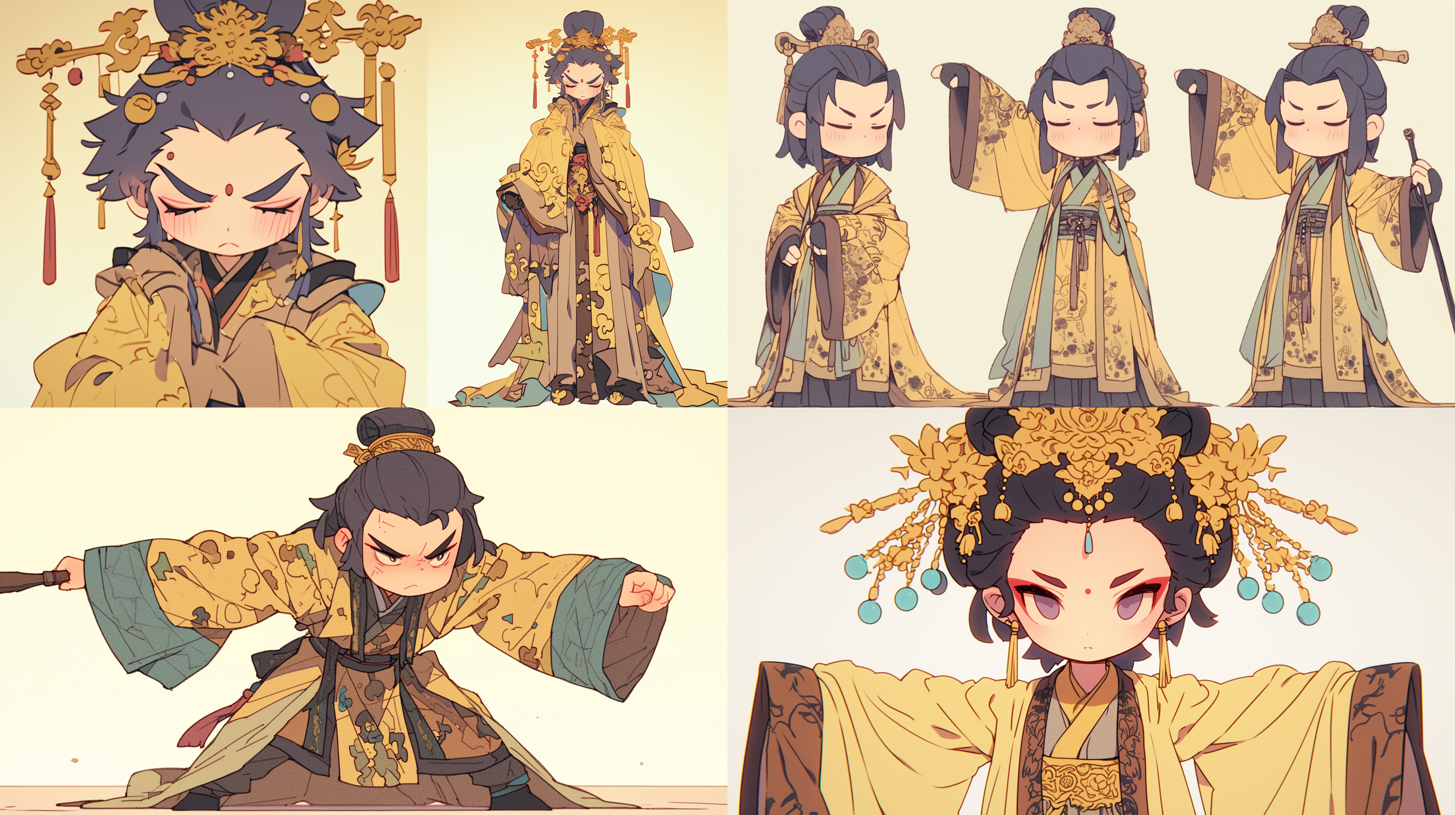 粤剧演员，纯白背景，人物设计，极简服饰，多姿态，角色设计，近距离镜头，明亮照明，舞台动作，戏剧化，传统色彩，激情表演。 橄榄绿 古代中式 多姿势角色 角色设计