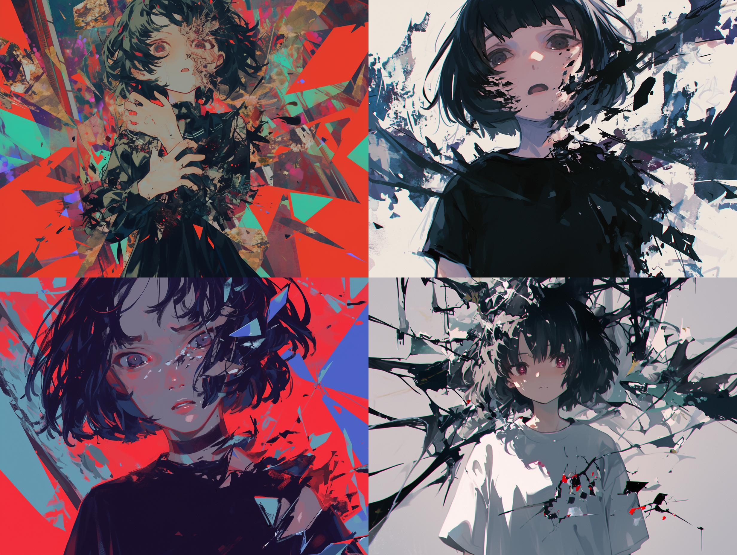 黑色短发的少女，崩溃的表情，陷入极大的震撼中，瞳孔缩小，破碎的街道，死亡的挚友，二次元动漫数字绘画，画面破碎感，抽象蒙太奇