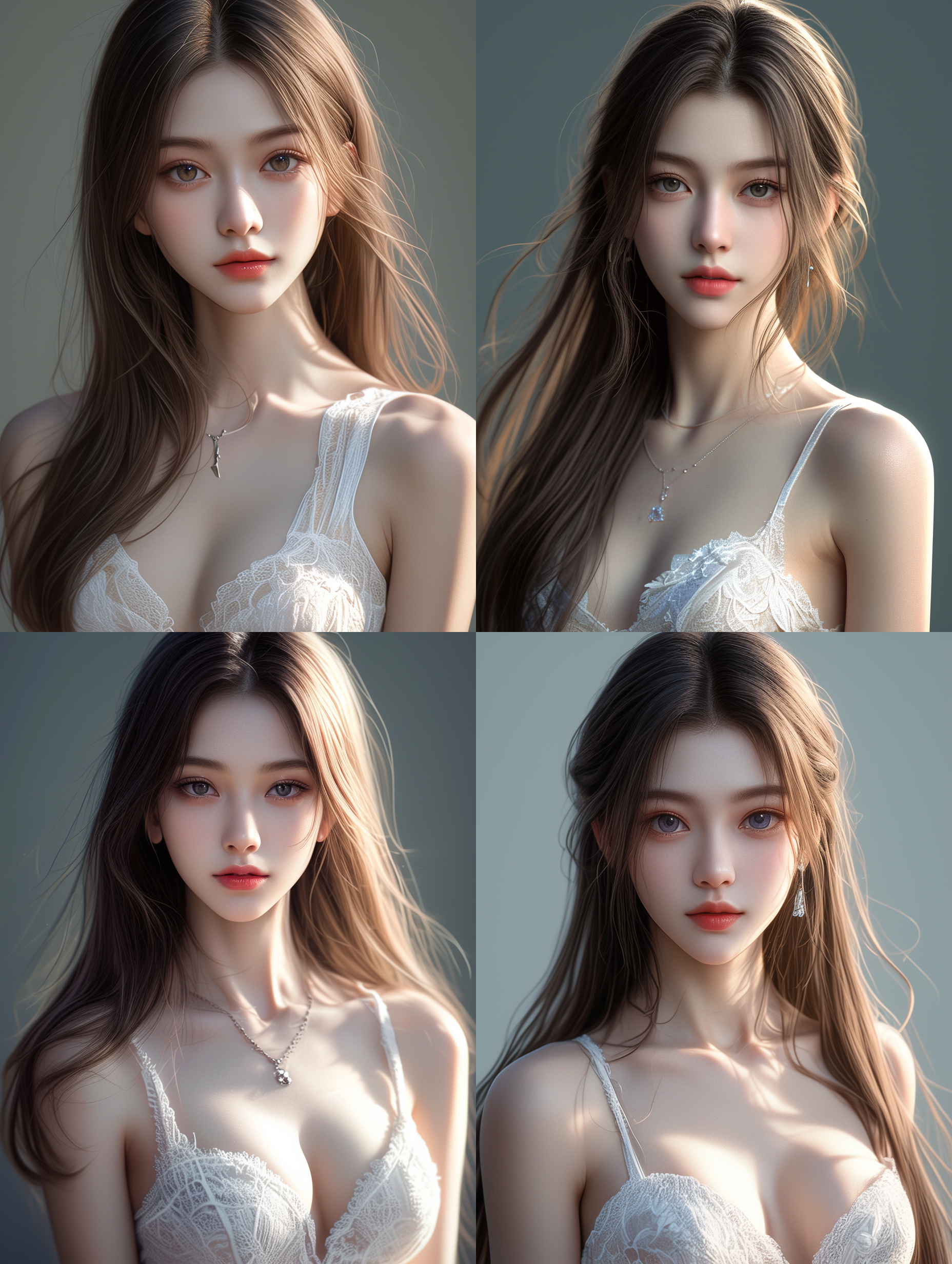 一个非常漂亮的美女，面向镜头，淡妆，表情自然，动作自然，瓜子脸，两只手，优雅，气质，棕色头发，雪白肌肤，模特瘦小，仙气飘飘，穿着白色裹胸裙，丰满的身材，衣服细节详细，自然光，4k画质，超清渲染，真实，高清