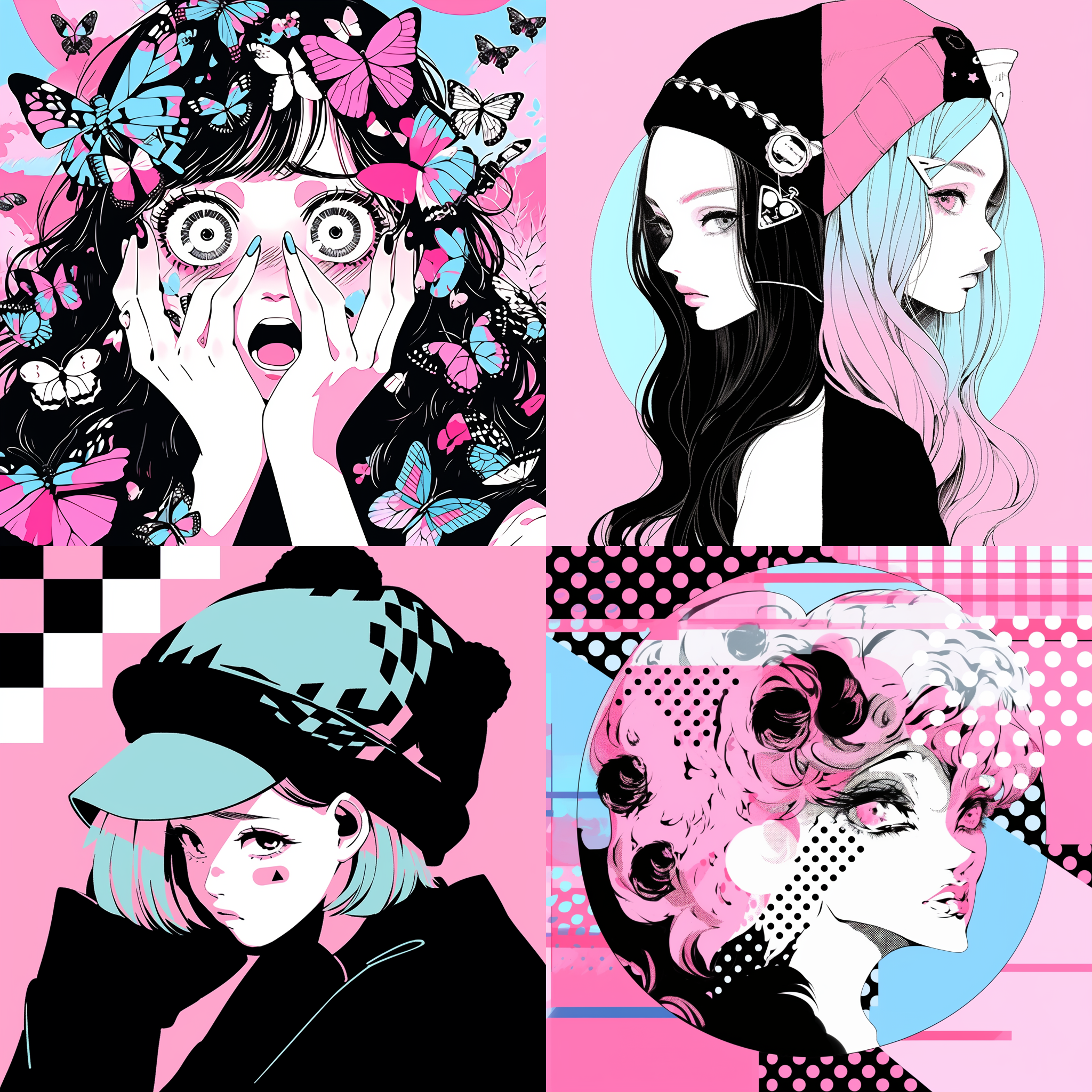 graphic illustration, in the style of pop art bold and graphic imagery, black - and - white block prints with some light pink and light blue