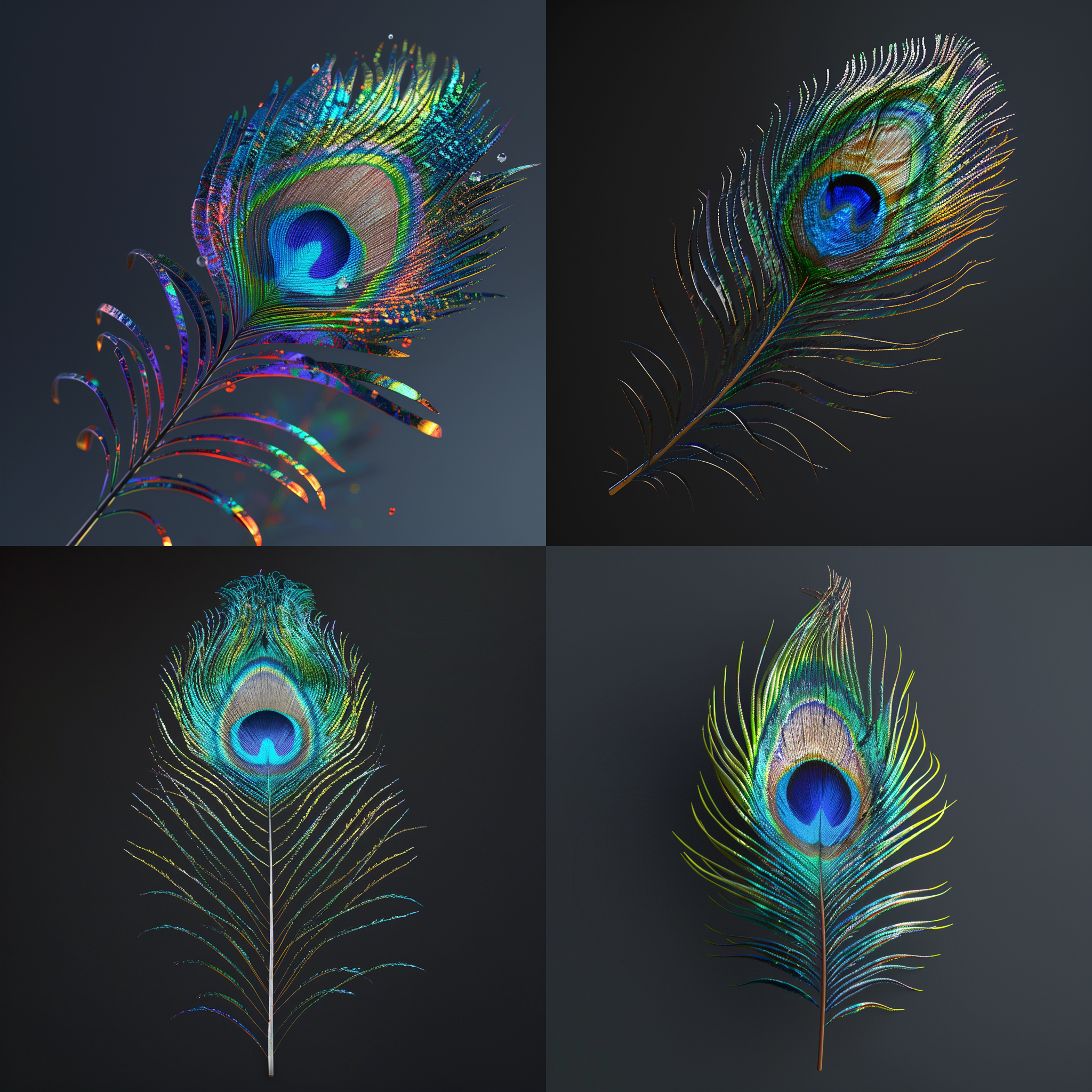 1根孔雀羽毛，色彩艳丽，色感丰富，细节纹理清晰，oc渲染，8k超高分辨率，