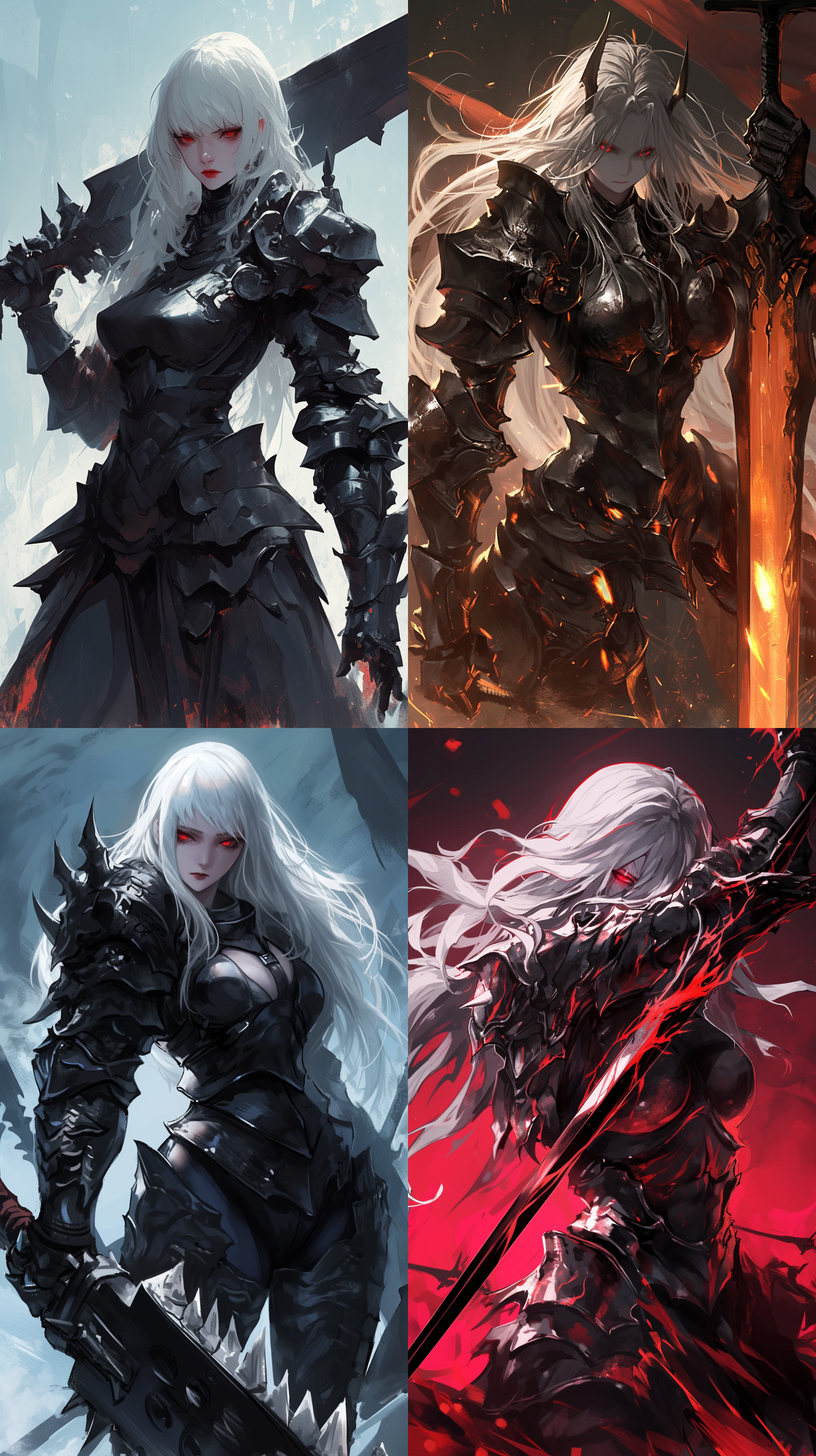 黑色盔甲女战士，白色长发红瞳，表情冷峻，身材健美，黑色板甲厚重，手持巨型锯齿剑，肌肉线条明显，动作迅猛，底光照射，高光突出，暗黑风格，冷色调，中景构图，锐利焦点，动态捕捉，力量感，战斗氛围，漫画风格。