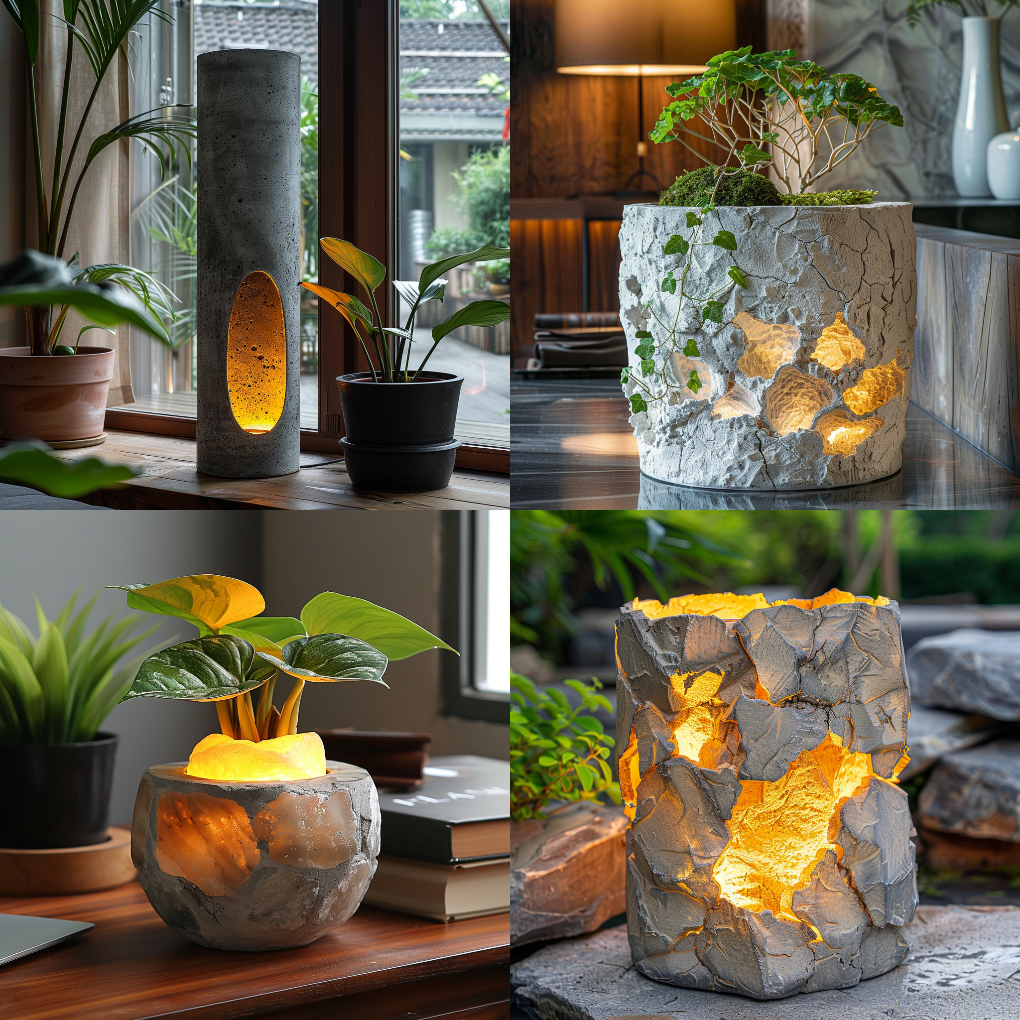 创意花盆，环保陶瓷，石纹涂层，圆柱形，驱蚊灯，柔和光，排水孔，绿植环绕，自然融合，耐用实用，清新风格，自然光，细节丰富，质感细腻，环保主题，和谐共生，静谧氛围，绿色生活，自然美学，精致工艺，生态平衡，环保理念，可持续发展。