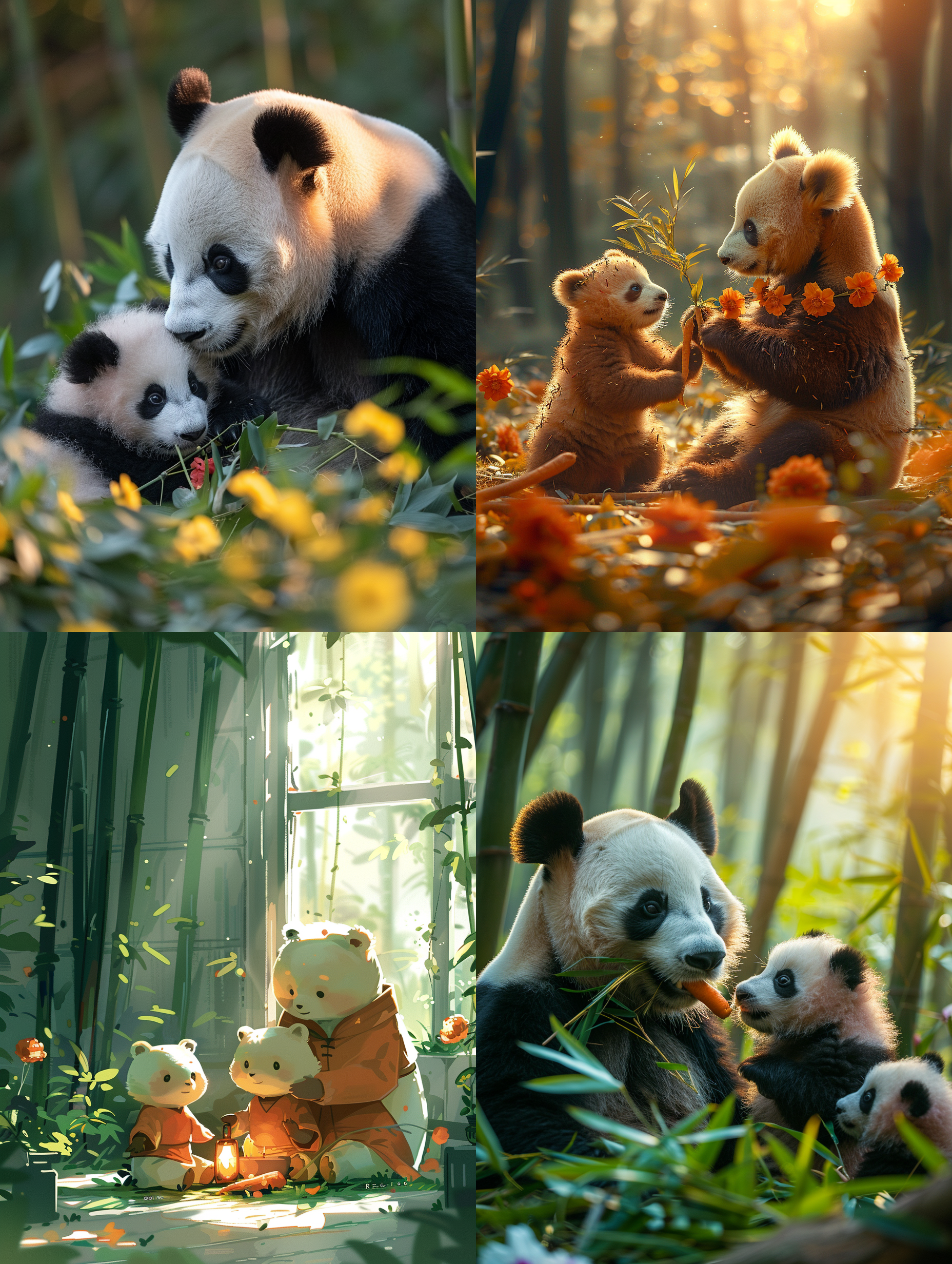 熊猫妈妈，竹叶上，康乃馨花环，胡萝卜，两只幼崽，打闹，清晨阳光，温馨，可爱，自然光，长焦镜头，对角线构图，绿色调，亲子。
