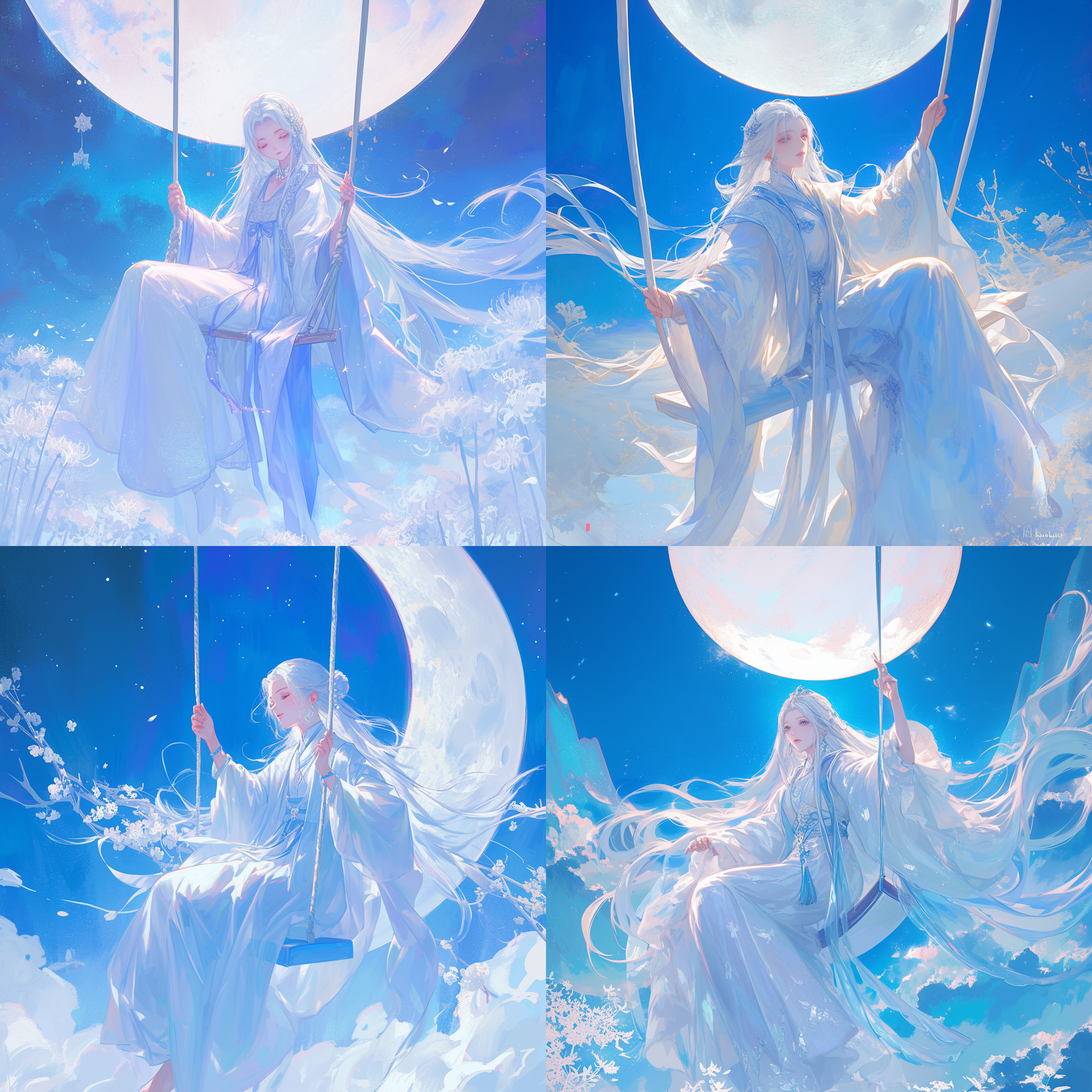 银白天空，巨大银月，巨型长秋千，古风少女，银色长发，白色汉服，天蓝纹路，圣洁光辉，无风自动，梦幻氛围，超现实风格，长曝光，柔和光线，神秘感，宁静安详。