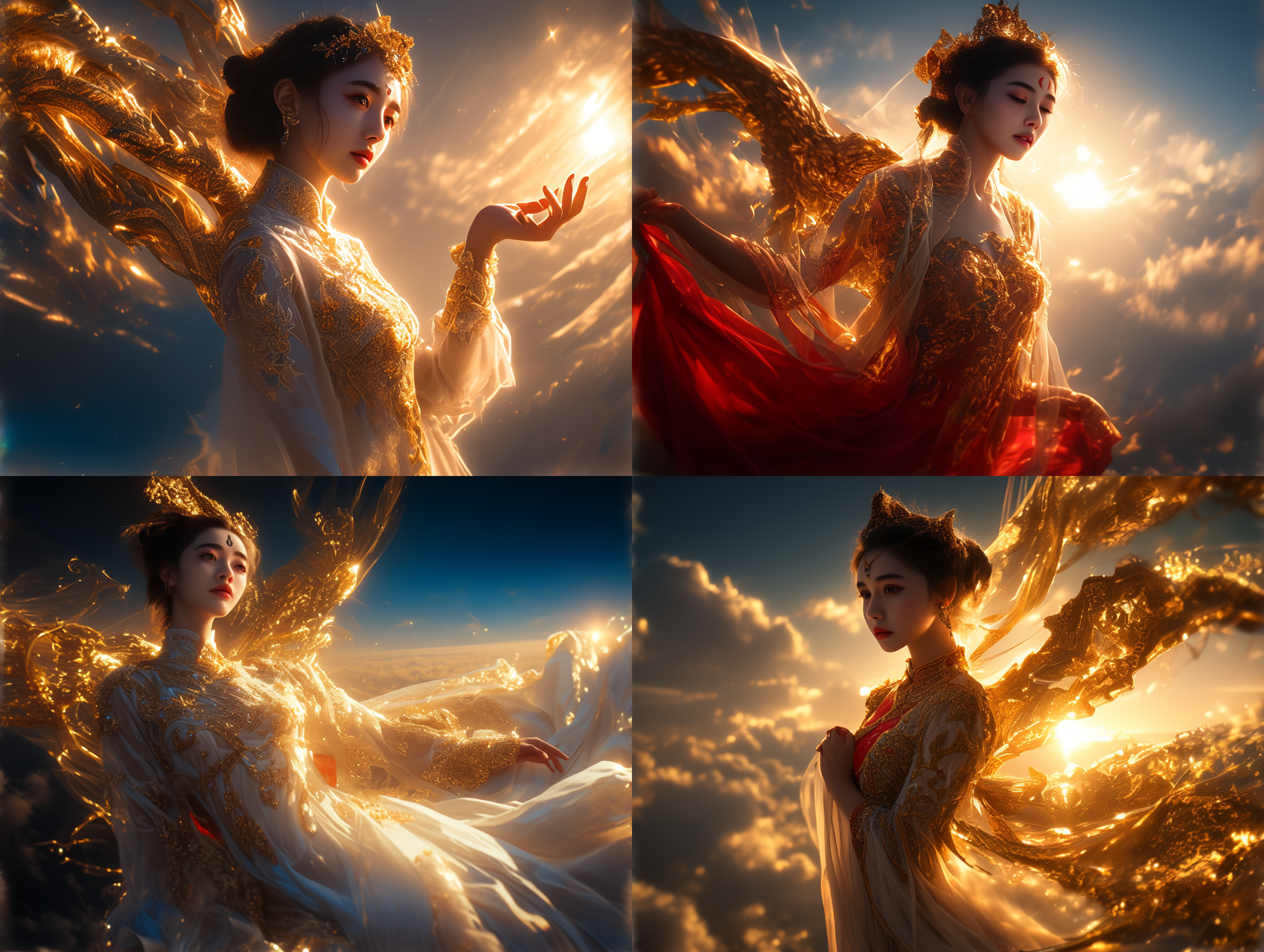 杰作，8k，最佳质量，优质构图，（亮图：1.1），东方传说，中国神话，中国不朽，动态姿势，1女孩，神圣，华丽，黑发，长袖，红白服装融合，汉服，（光环：1.2），连衣裙，发饰，半身肖像，面向观众，单发髻，额头标记