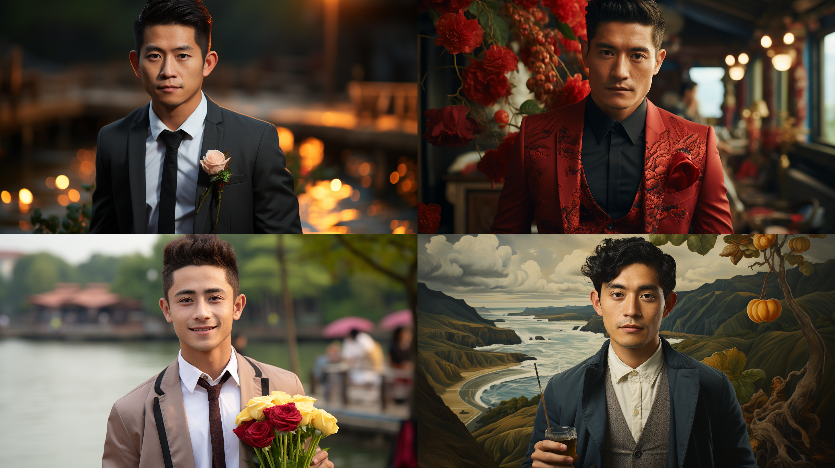 一位中国人18岁男人，穿着礼服，黑发，手拿玫瑰花，看着镜头，背景有大海