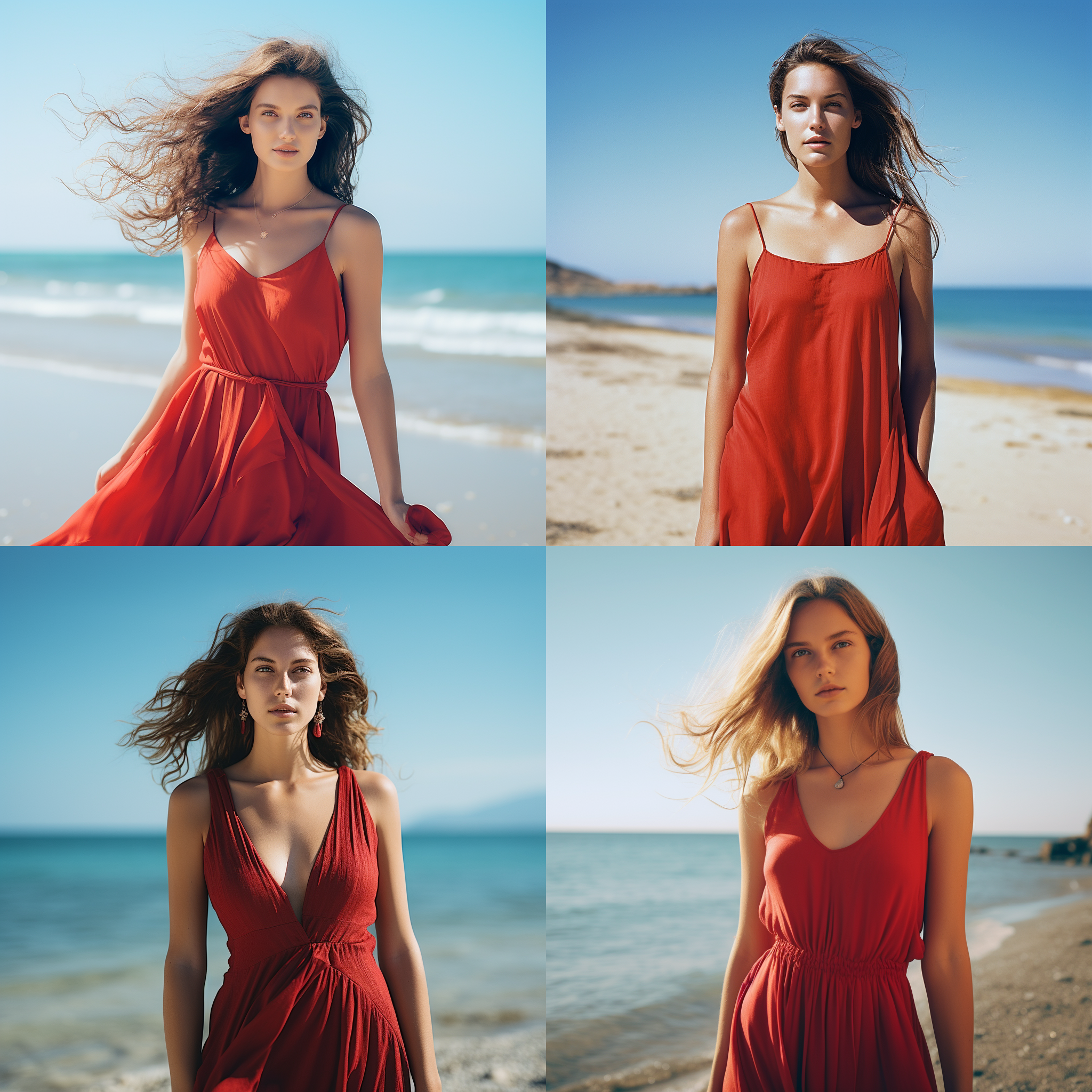 红色长裙女子，沙滩背景，碧海蓝天，自然光，全身照，写实风格，35mm镜头，人物特写，dslr，清晰面部特征，微笑，细腻质感，柔和侧光，宽阔视野，温暖色调，宁静氛围。