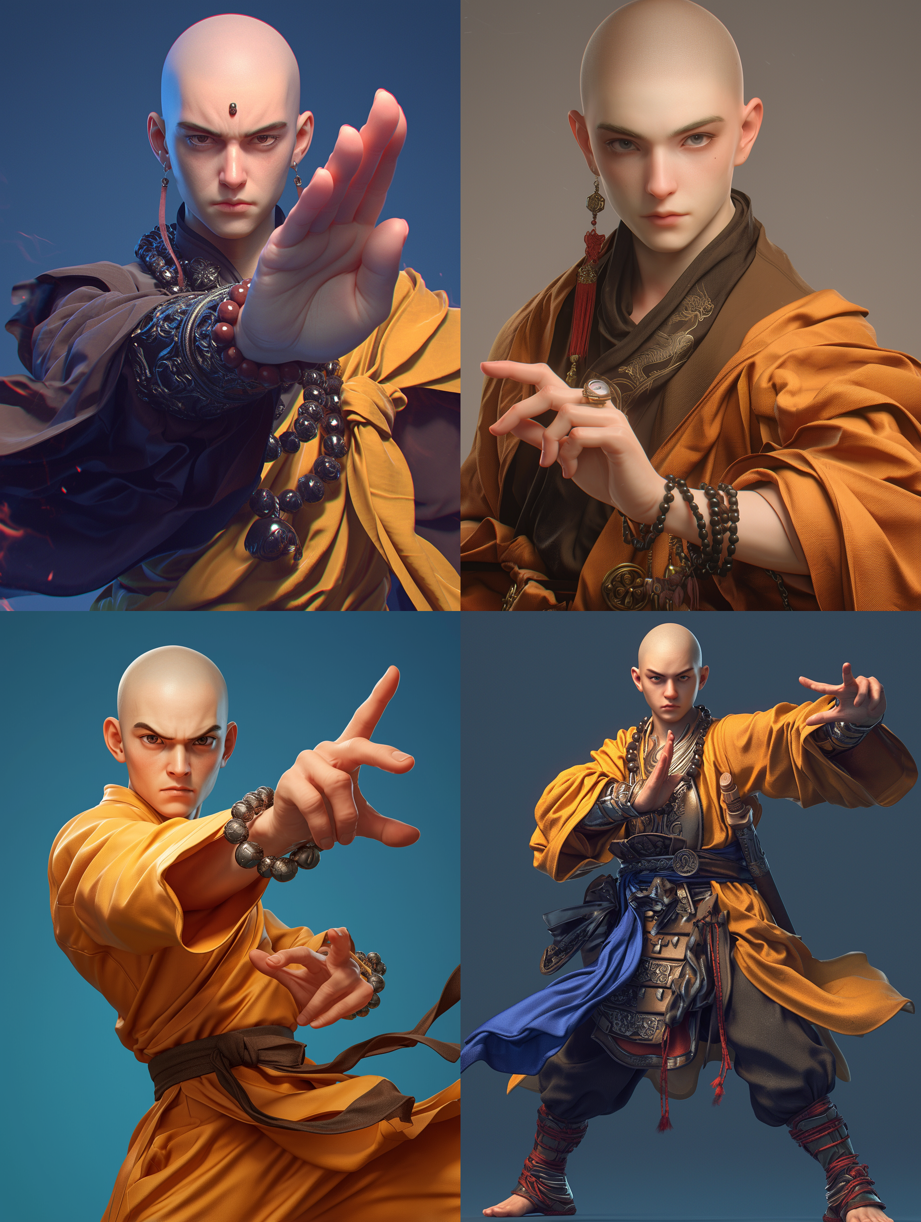 武僧，c4d建模，高清，4k，精致面容，正确的手指，背景是佛教文化