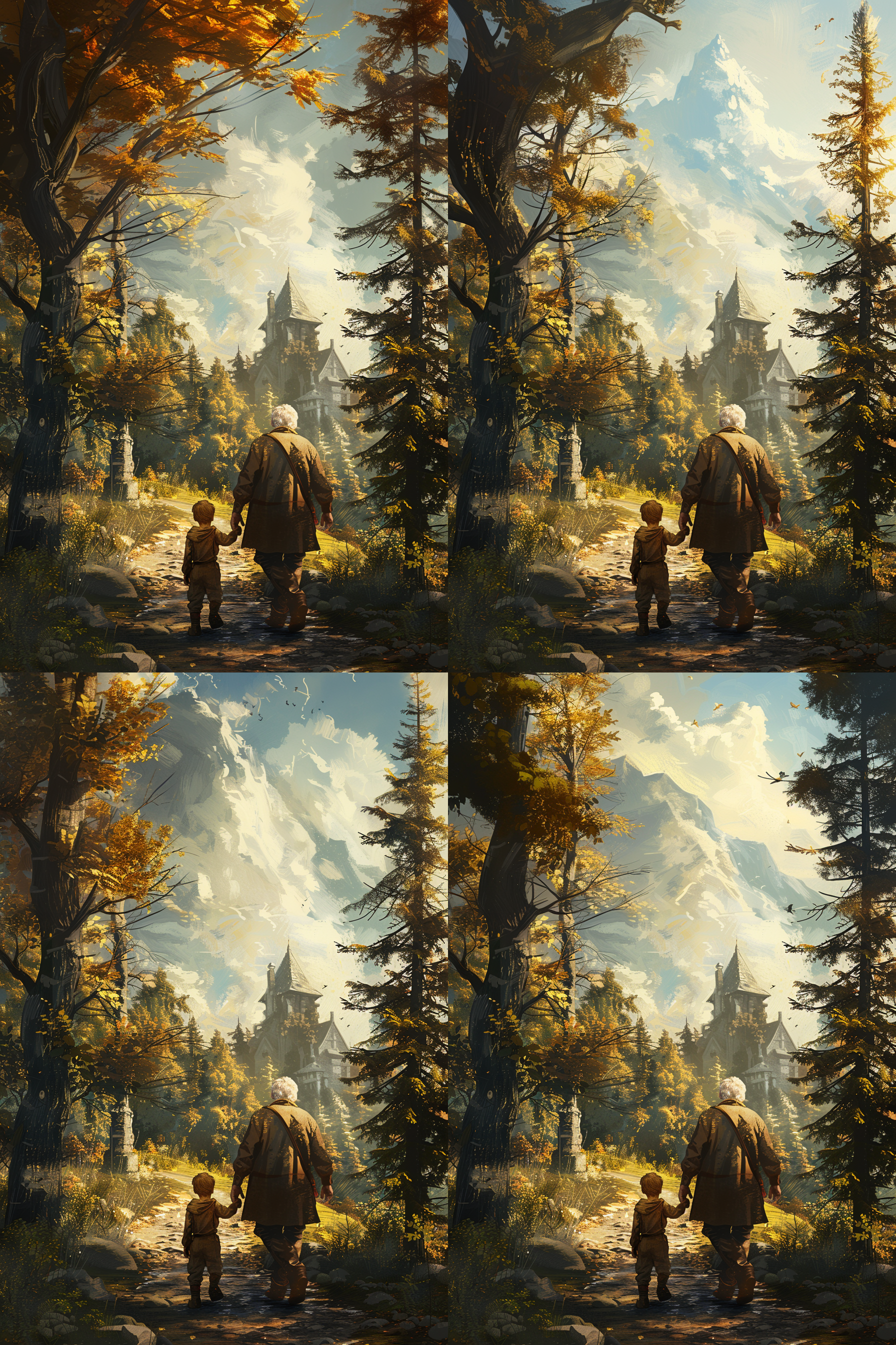 城堡与森林，广角构图，高清画质，绿黄主调，自然光渲染，宁静神秘氛围，傍晚时分，木质碉楼映衬，林间光影交错，c4d 3d效果，石子路蜿蜒，房子与城堡对峙，广角镜头捕捉，自然光柔和，神秘感弥漫，傍晚余晖，绿意盎然，黄色点缀，宁静致远。