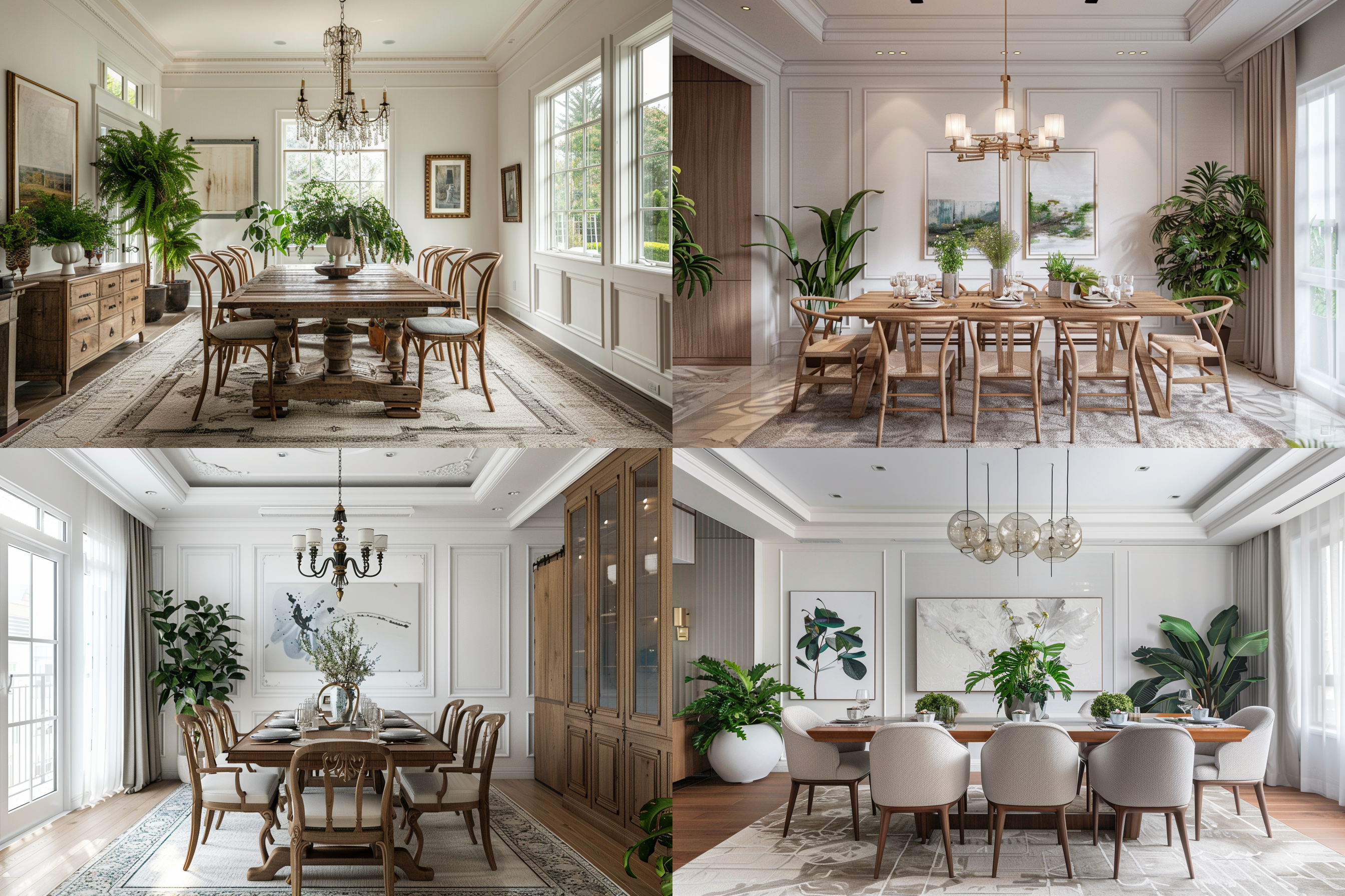 正面视角餐桌，白色墙面挂画，房间绿植，中央吊灯，美式乡村风格，地毯下，自然光线，高精度16k，明亮环境，温馨氛围，细节丰富，色彩和谐，静谧舒适。