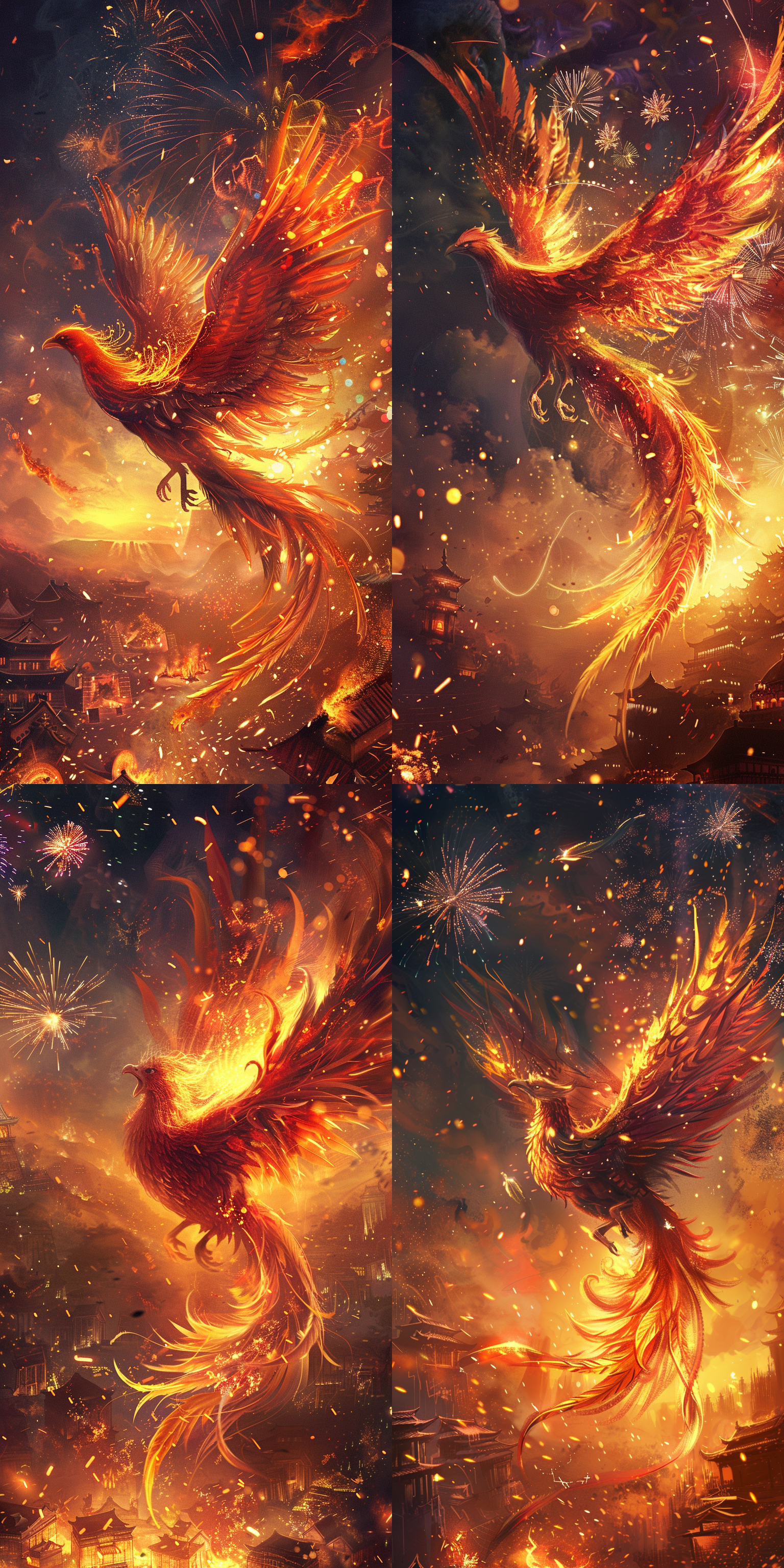 凤凰，浴火凤凰，展翅千里，烟火缭绕，翱翔天际，穿梭轮回，气势磅礴，俯冲姿态，藐视苍生，古城市背景，24k画质， 日落渐变