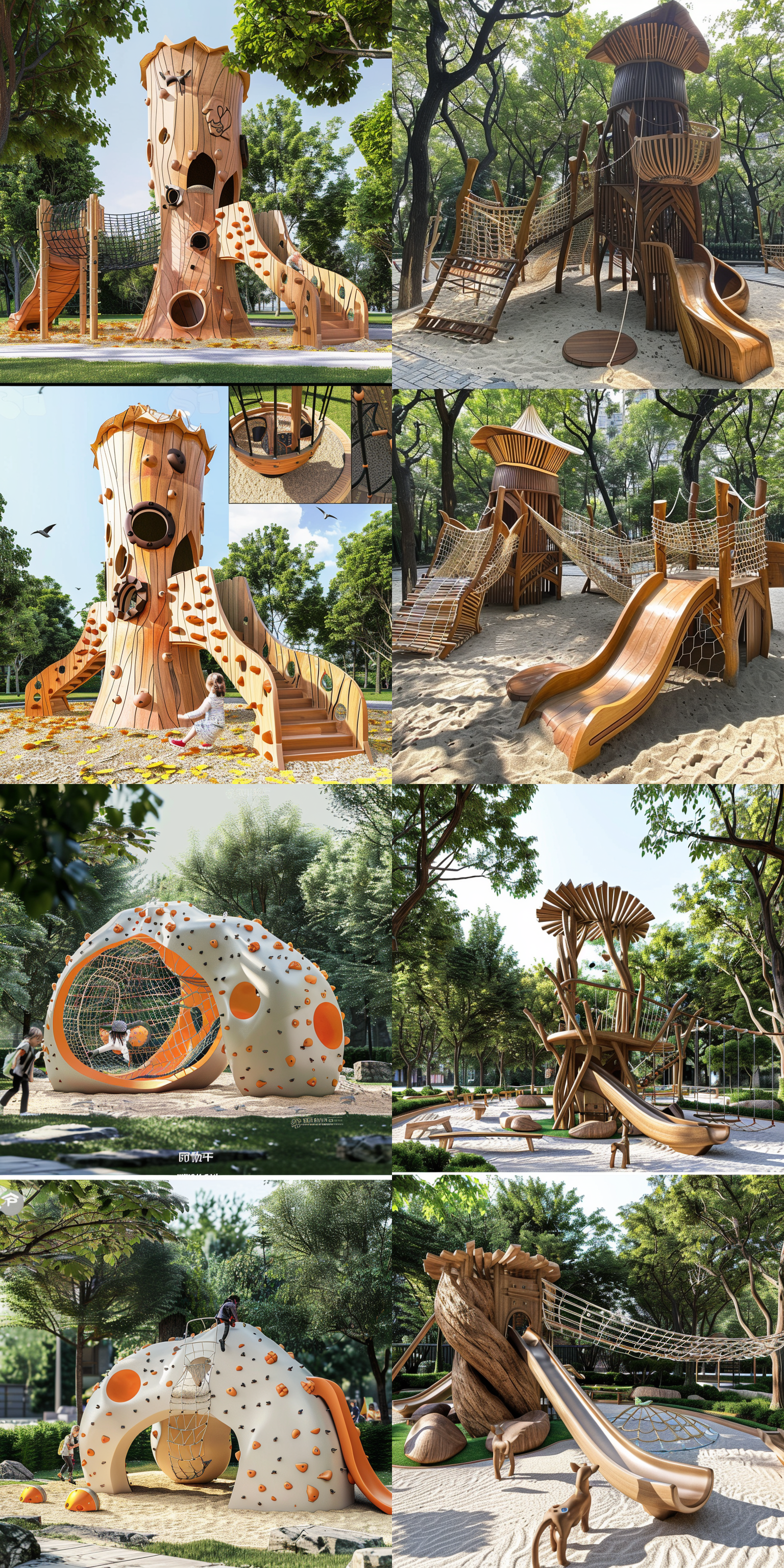 儿童游乐，攀爬架，攀爬网组合，摇马，沙坑，蹦床，大型组合，国风元素，国潮风格，纵向张开，平面构成，结合休闲坐凳