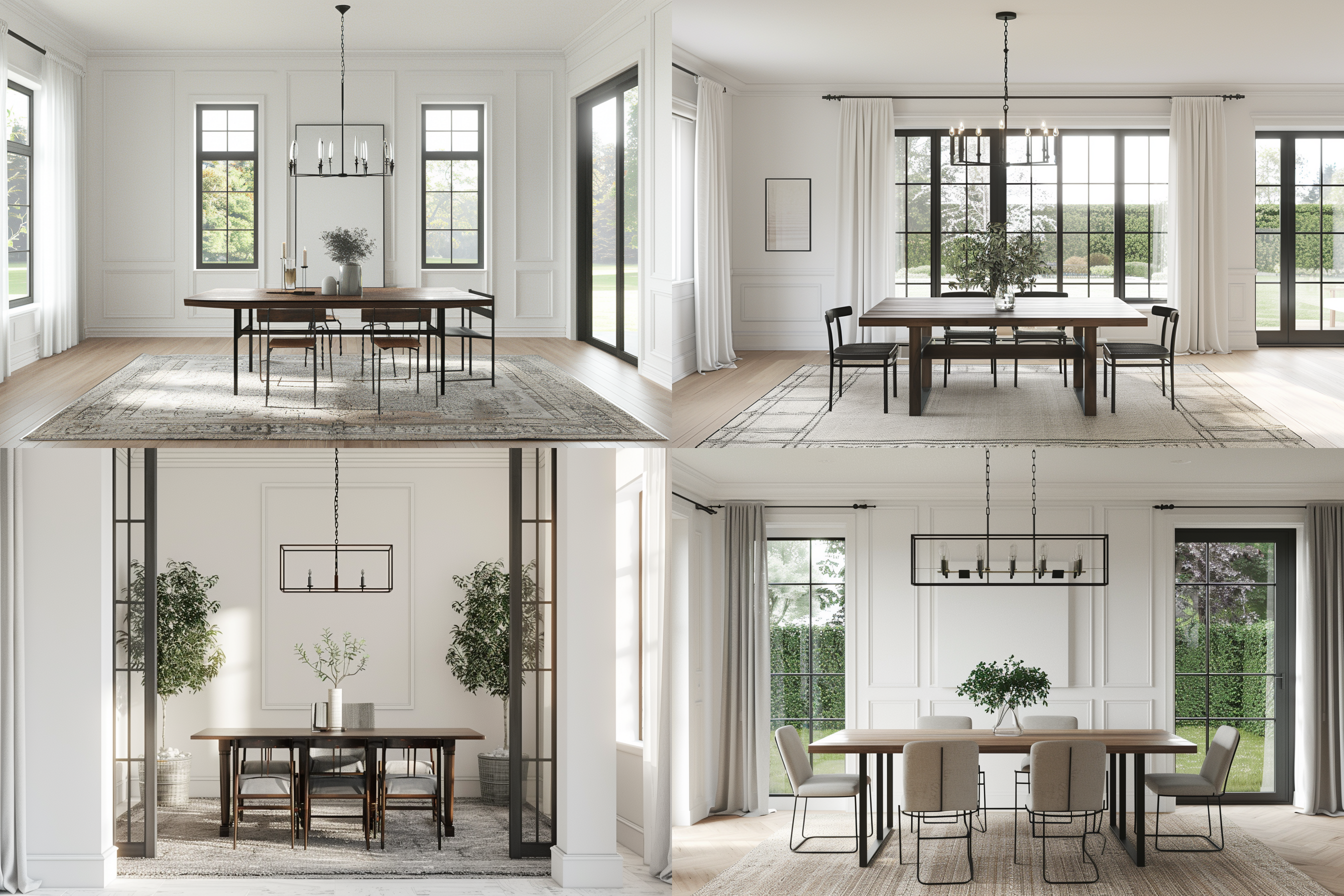 正面视角餐桌，白色墙面挂画，房间绿植，中央吊灯，美式乡村风格，地毯下，自然光线，高精度16k，明亮环境，温馨氛围，细节丰富，色彩和谐，静谧舒适。