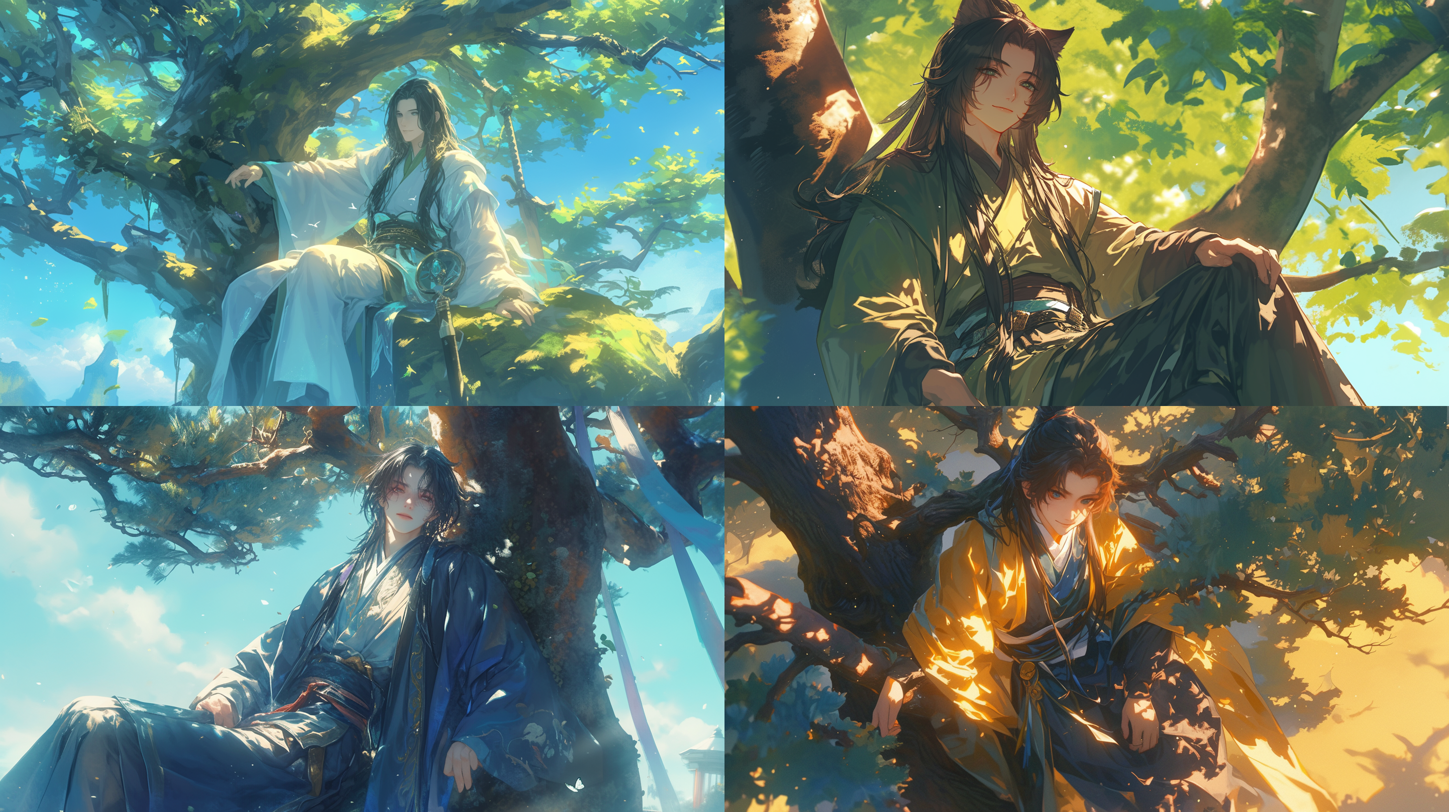 chinese boy, 帅气的脸庞，狐狸眼，笑眯眯的，靠在大树上，古风，全身像，cg风格，仰视视角，超清画质，景深，光影效果。