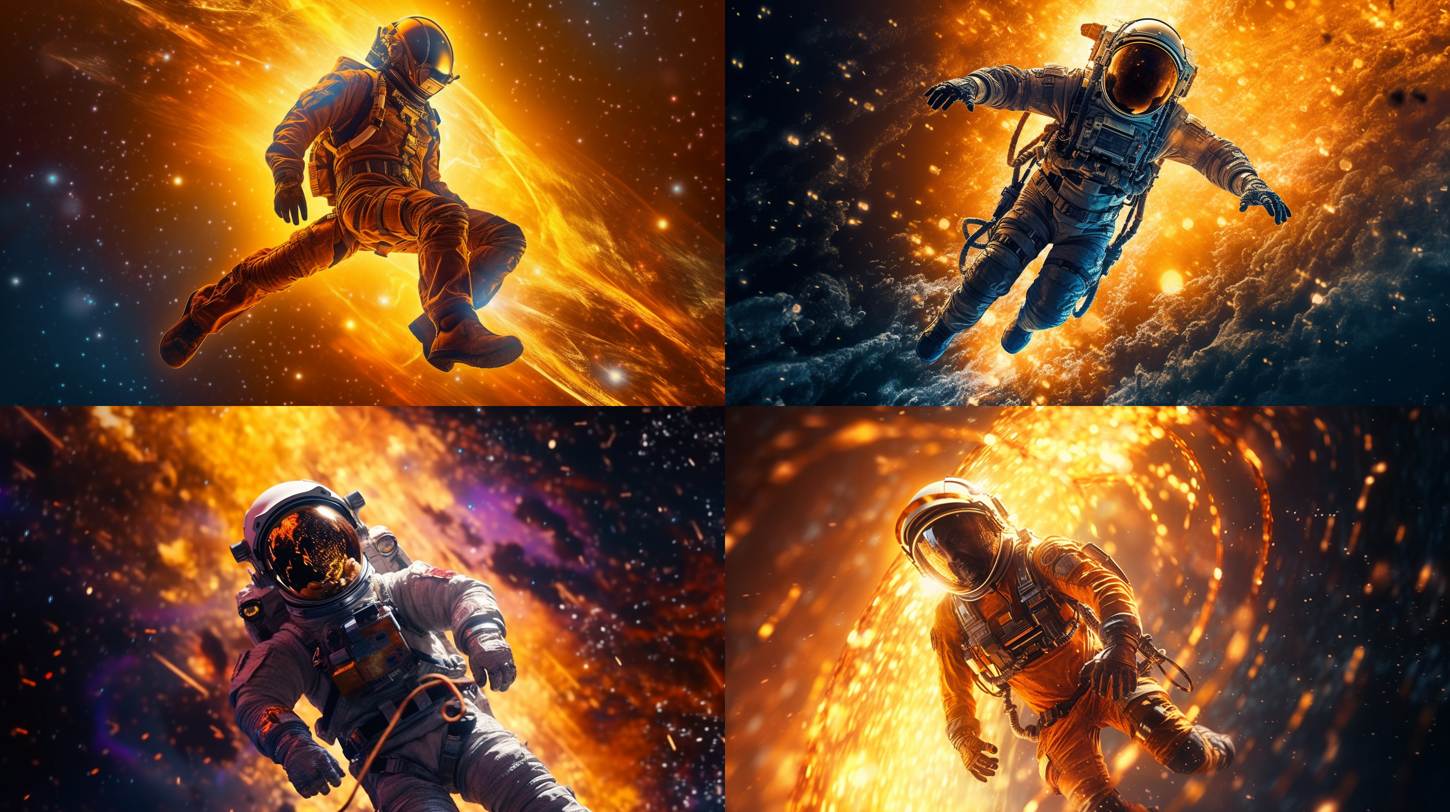 宇航员太空漫步，失重状态，星辰背景，科幻风格，全景构图，宇航服细节，头盔反射，冷色调，长曝光，星轨效果，神秘，探索。 创风格 黑洞 宇宙