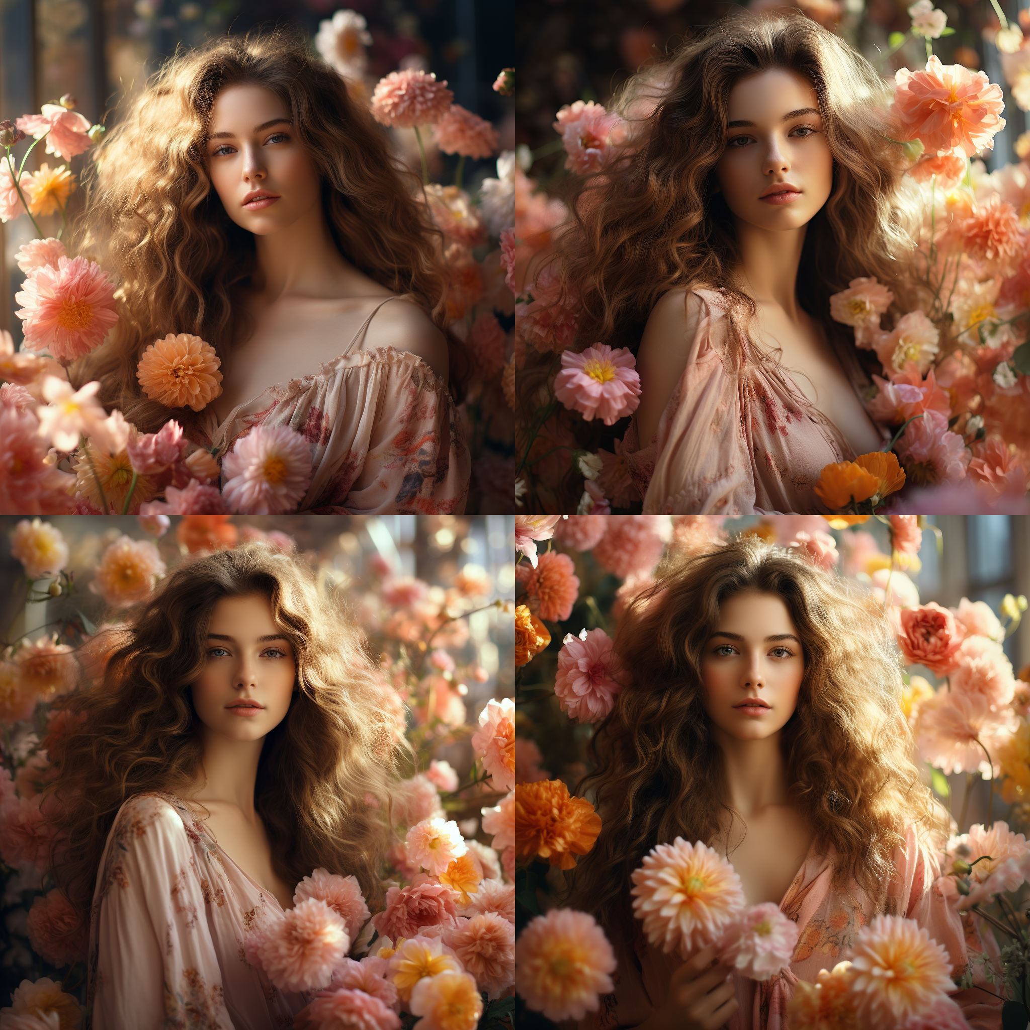 女孩在花海中微笑，自然光线，柔和色彩，中焦镜头，全身照，微风轻拂，长发飘逸，眼神明亮，温暖氛围，静谧时刻，粉色调，幸福感。