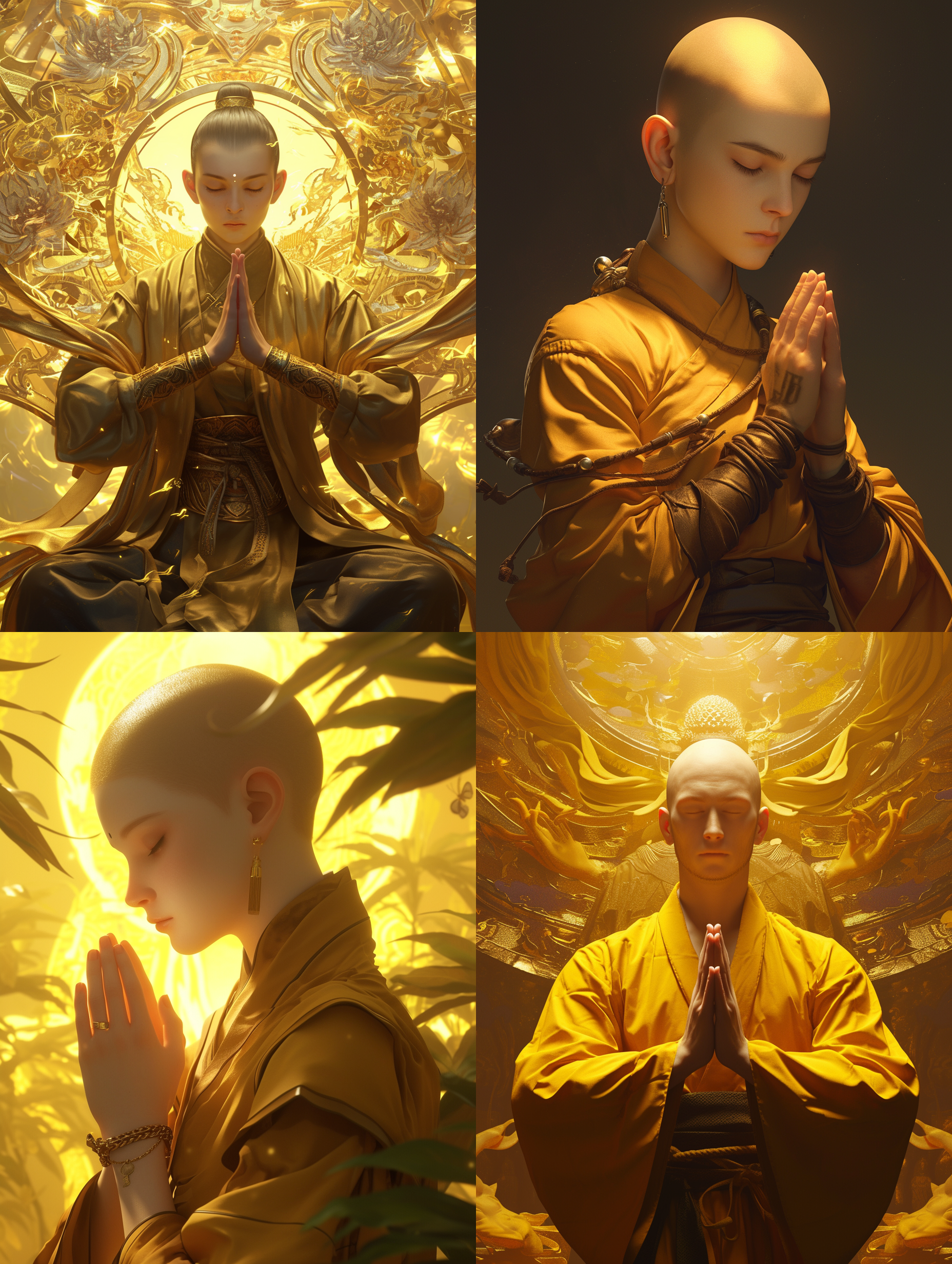 武僧，c4d建模，高清，4k，精致面容，正确的手指，背景是佛像虚影，灿烂，宏大, 肖像镜头，神圣光芒，内心宁静，金色调，冥想。