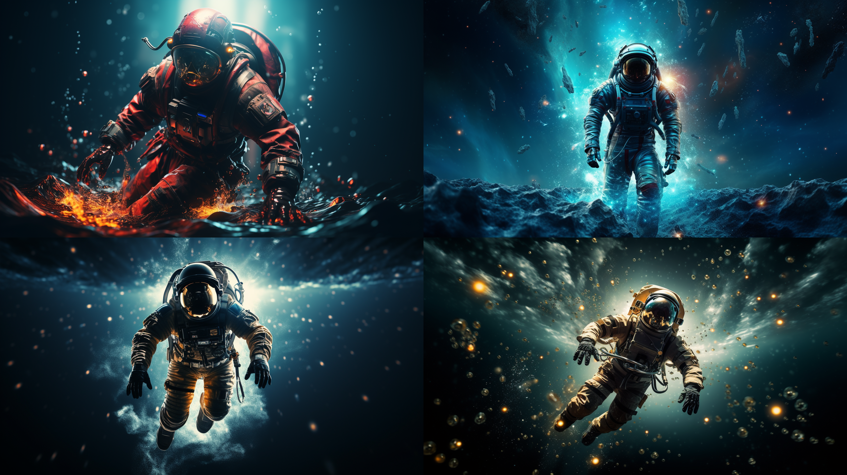 宇航员太空漫步，失重状态，星辰背景，科幻风格，全景构图，宇航服细节，头盔反射，冷色调，长曝光，星轨效果，神秘，探索。 创风格 黑洞 宇宙