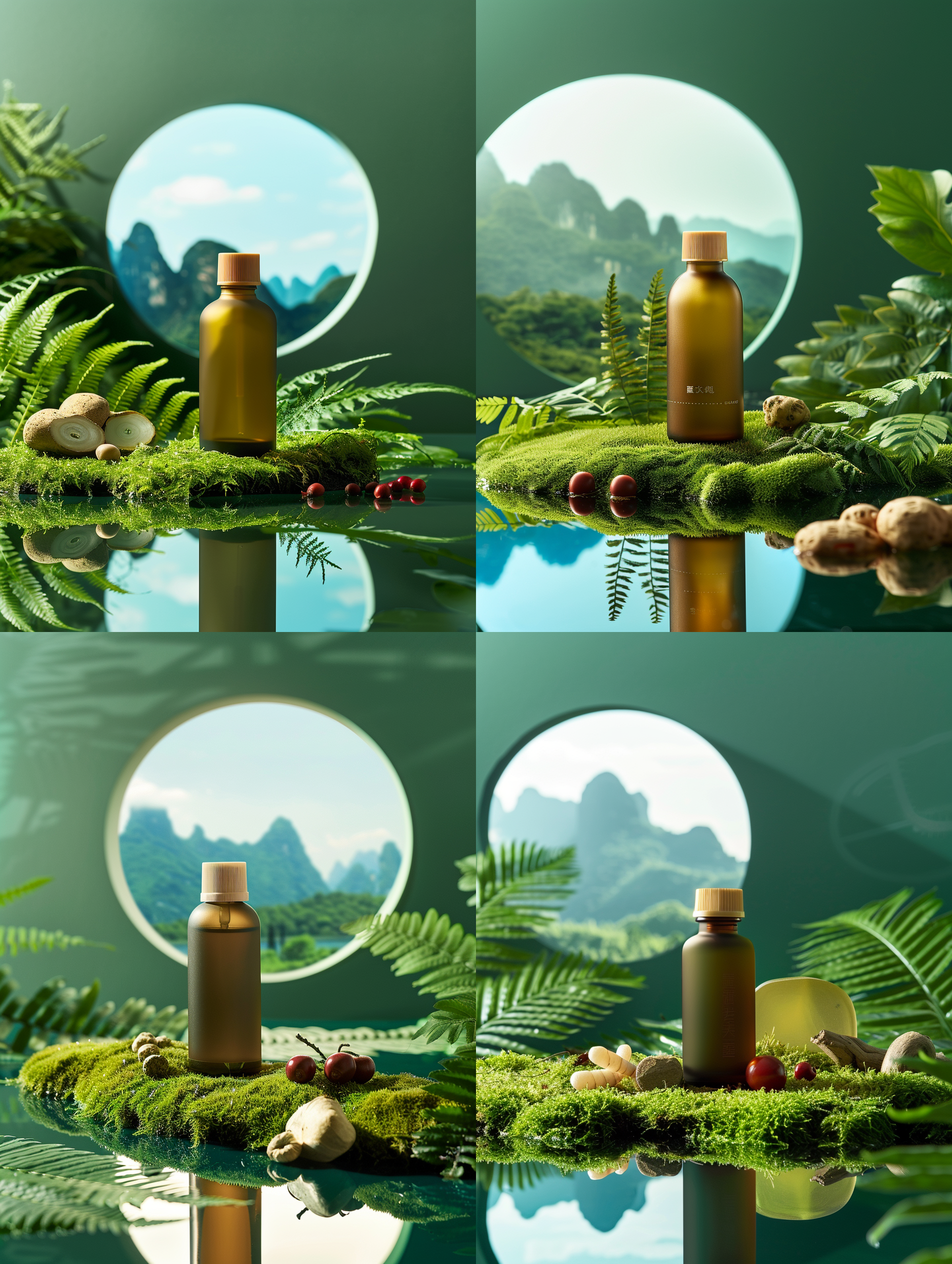 product photography, there is a brown glass bottle on the water surface of a fern plant covered in moss. ginseng, hawthorn, and reflections are placed on the water surface of the fern plant. the background is a green wall with a circular window. outside the window, there are high mountains and clouds, which are naturally bright and brightly lit. the central composition features epic details, high precision, ultra-high definition, and ultimate detail texture