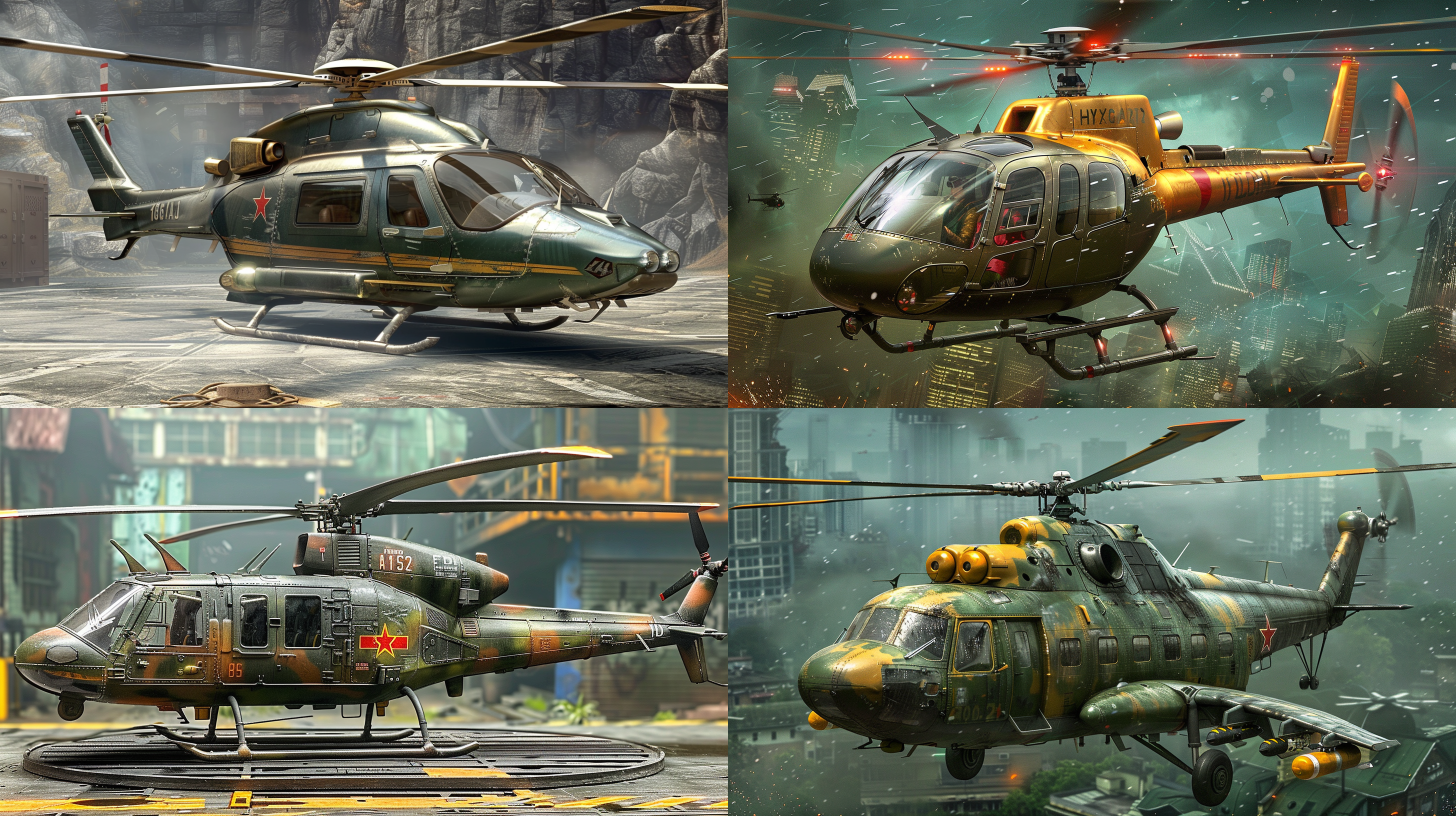 武装直升机，侧面，透明背景，金属质感，