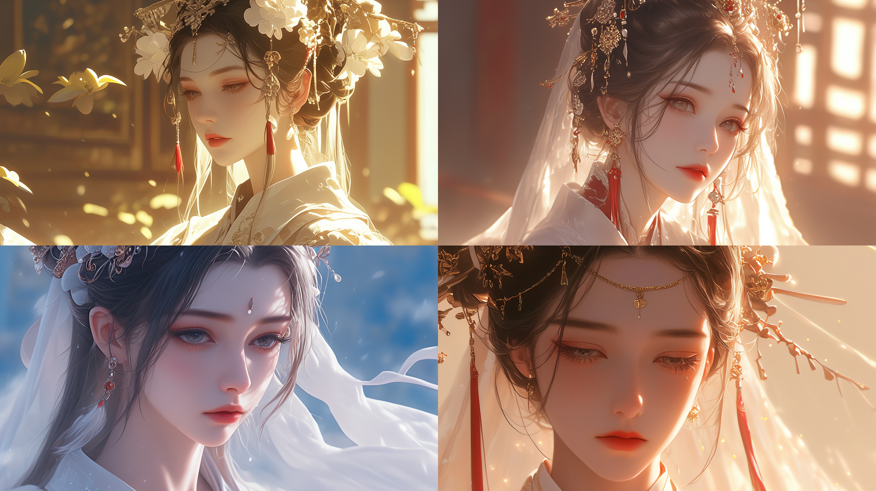 二十岁中国古代女孩，白色汉服，精致面容，明亮眼睛，华丽头饰，柔弱楚楚，客栈背景，长焦镜头，写实描绘，高清16k，肖像，明亮色调，细节丰富，侧光，高对比度，柔光，古典美，静谧氛围。