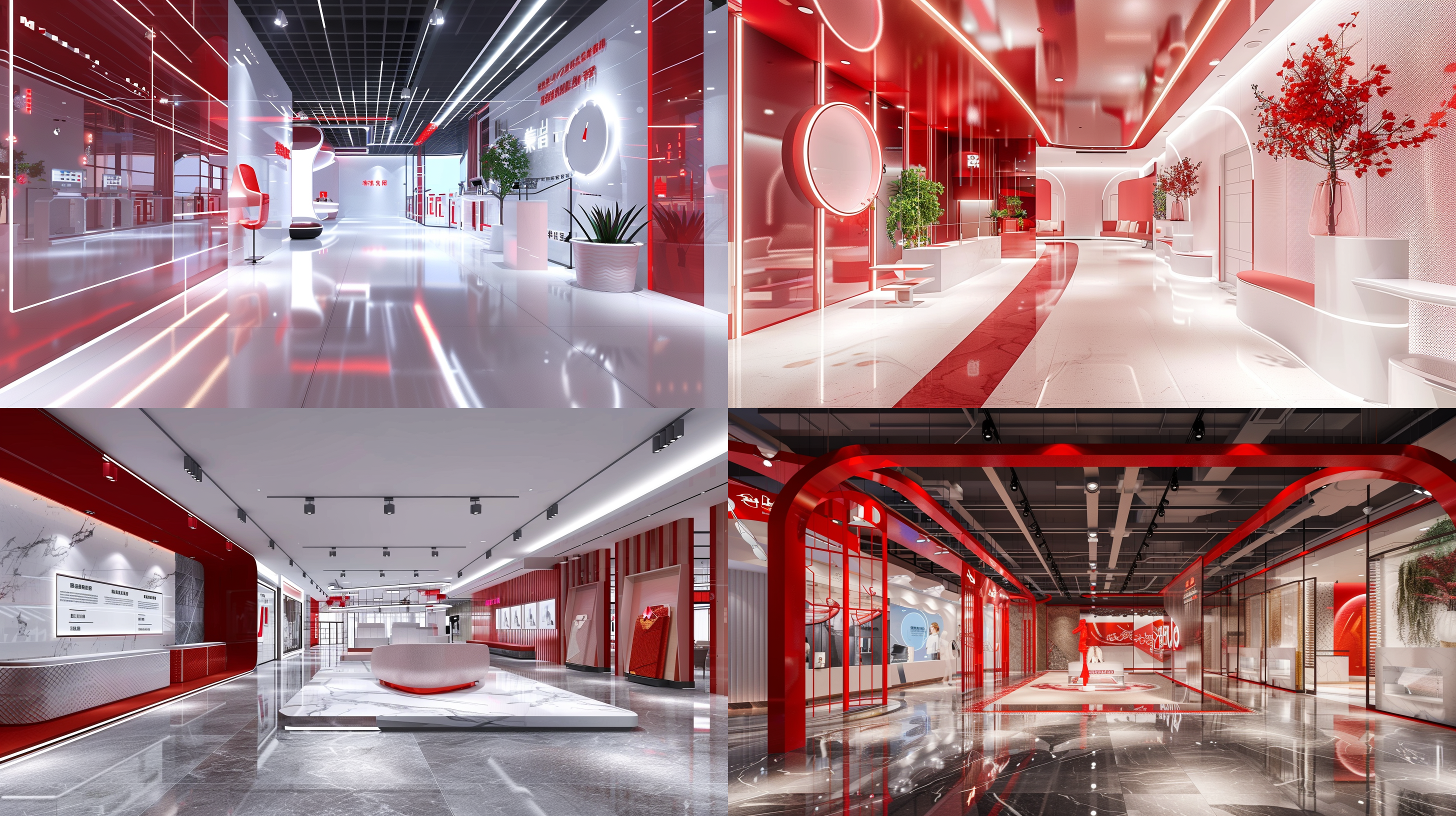 展台效果图，高大上轻奢，清爽风格，产品展示，红白色调，亚克力装饰，led墙，16k超高细节，清新氛围，高清拍摄，广角镜头，明亮照明，展示动作，细节突出，视觉冲击力，专业模特，优雅姿态，现代感，科技感，高端质感，流畅线条，简洁设计，聚焦点，吸引力，时尚元素，光影效果，空间感。