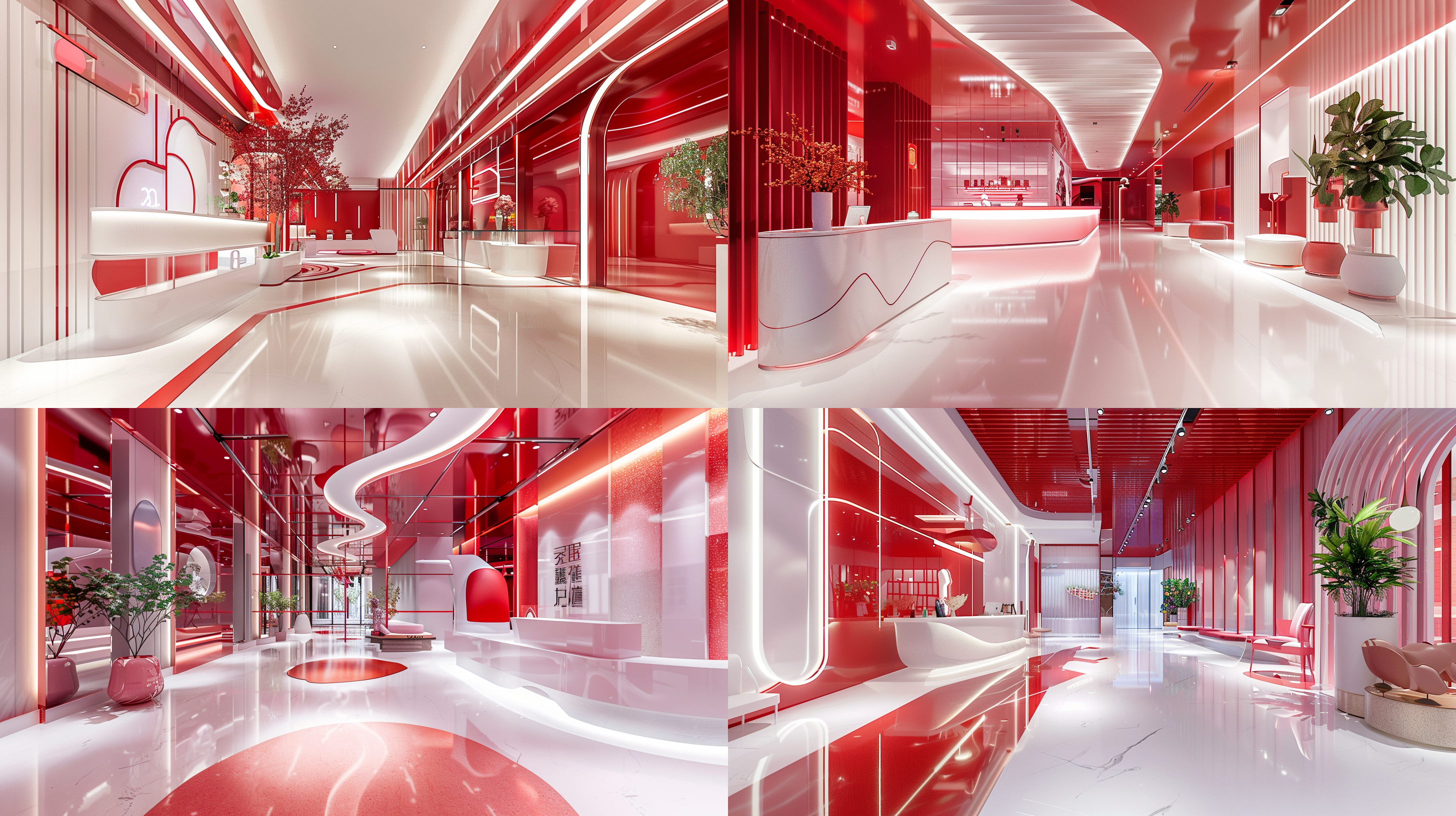 展台效果图，高大上轻奢，清爽风格，产品展示，红白色调，亚克力装饰，led墙，16k超高细节，清新氛围，高清拍摄，广角镜头，明亮照明，展示动作，细节突出，视觉冲击力，专业模特，优雅姿态，现代感，科技感，高端质感，流畅线条，简洁设计，聚焦点，吸引力，时尚元素，光影效果，空间感。