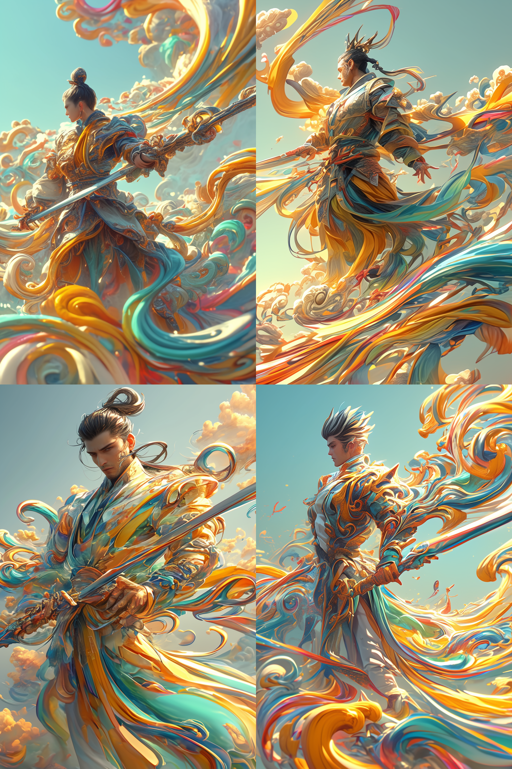 脚踏七彩祥云的侠客，执剑而行，英俊潇洒