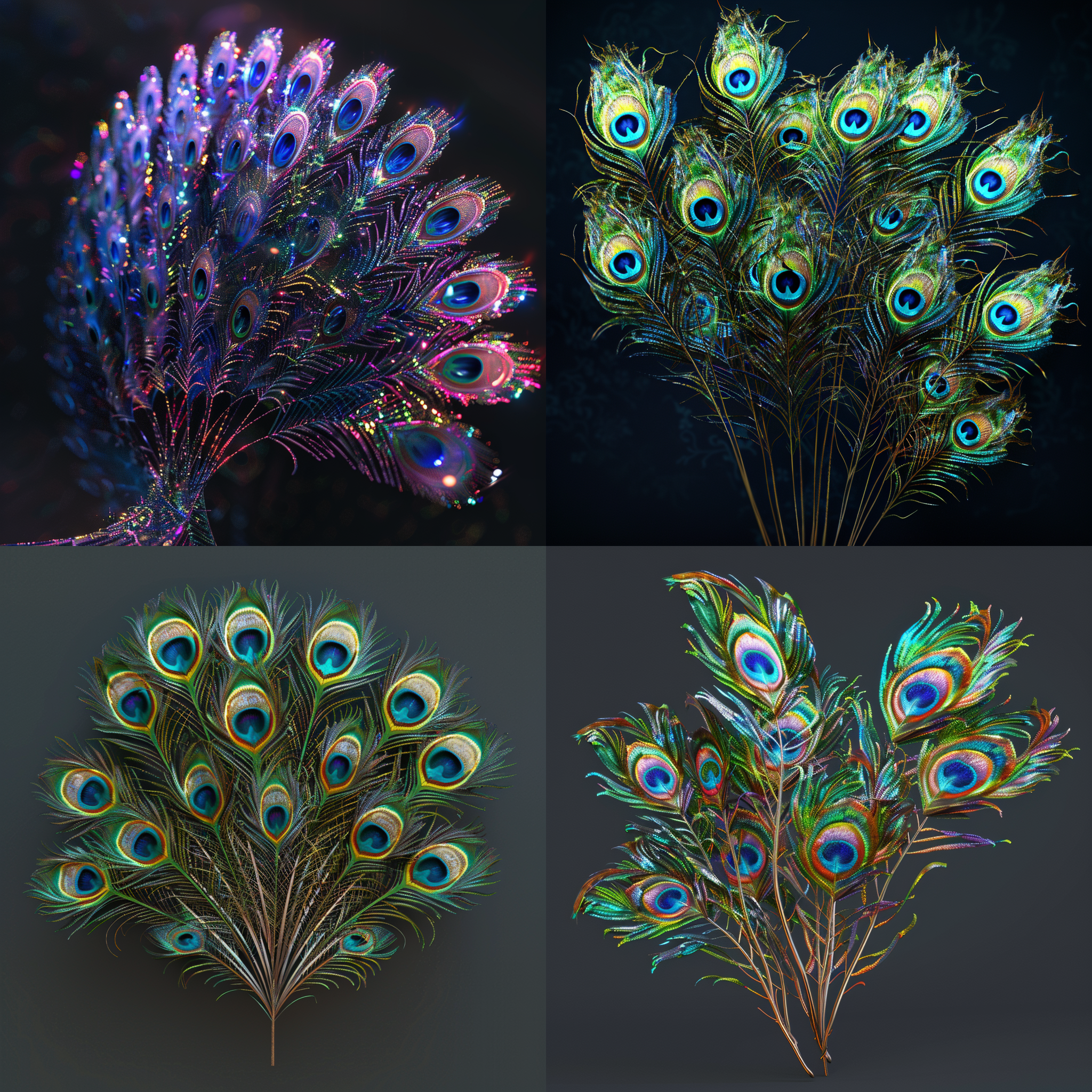 孔雀羽毛，色彩艳丽，细节纹理清晰，oc渲染，超高分辨率，扇形
