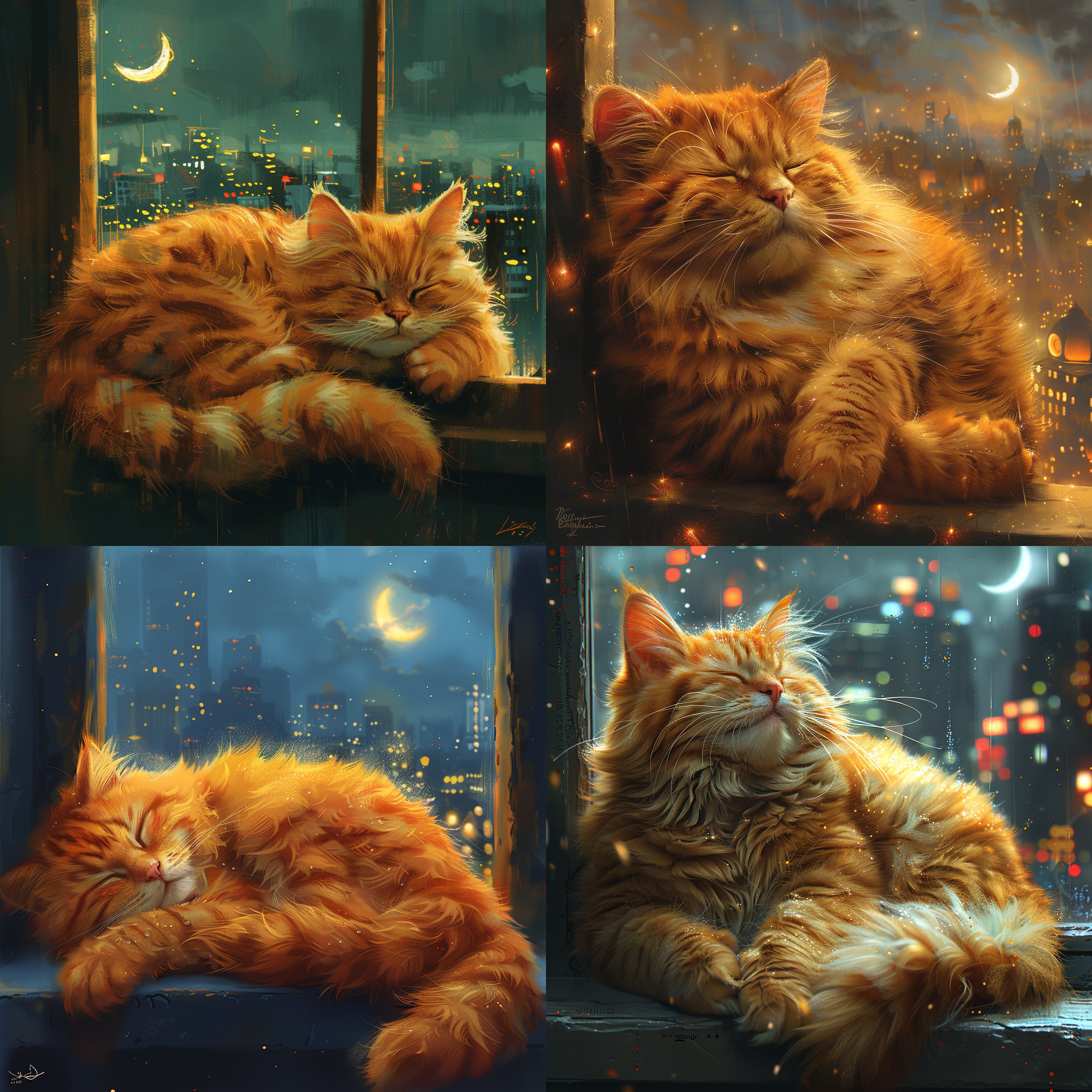橘黄色胖虎猫，毛茸茸尾巴，在窗台上安详地打盹，俯瞰夜晚繁华的城市景观，闪烁的灯光和模糊的人影，月牙高悬天空，营造宁静梦幻场景，柔和粉彩调色板，复古童话插图风格。