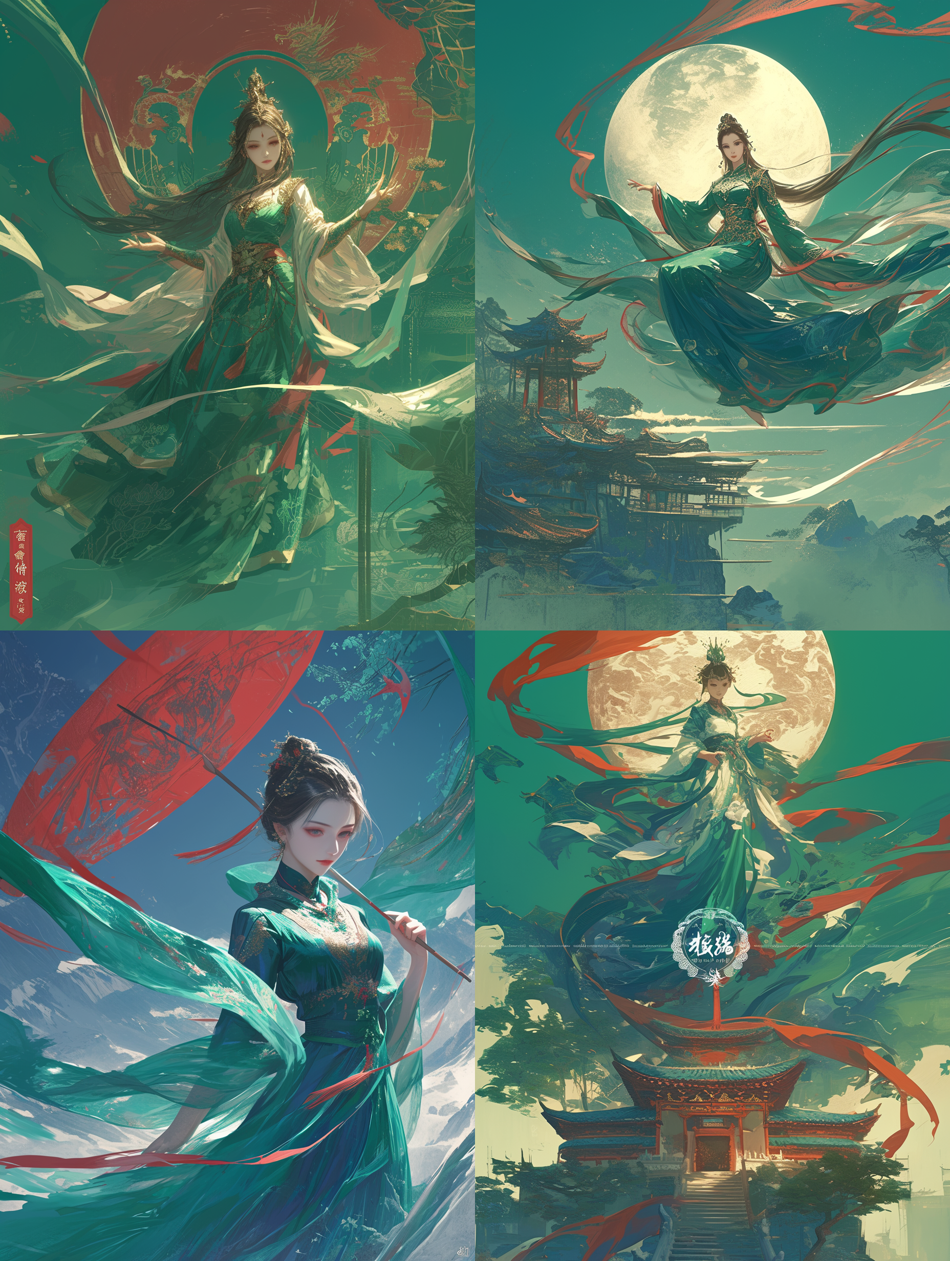 古代美女横飞，明月背景，绫罗丝绸飘逸，曲线动态，嫦娥奔月主题，中秋节氛围，超高清16k画质，远景全景，柔和光线，神秘表情，冷暖色调对比，梦幻般场景。