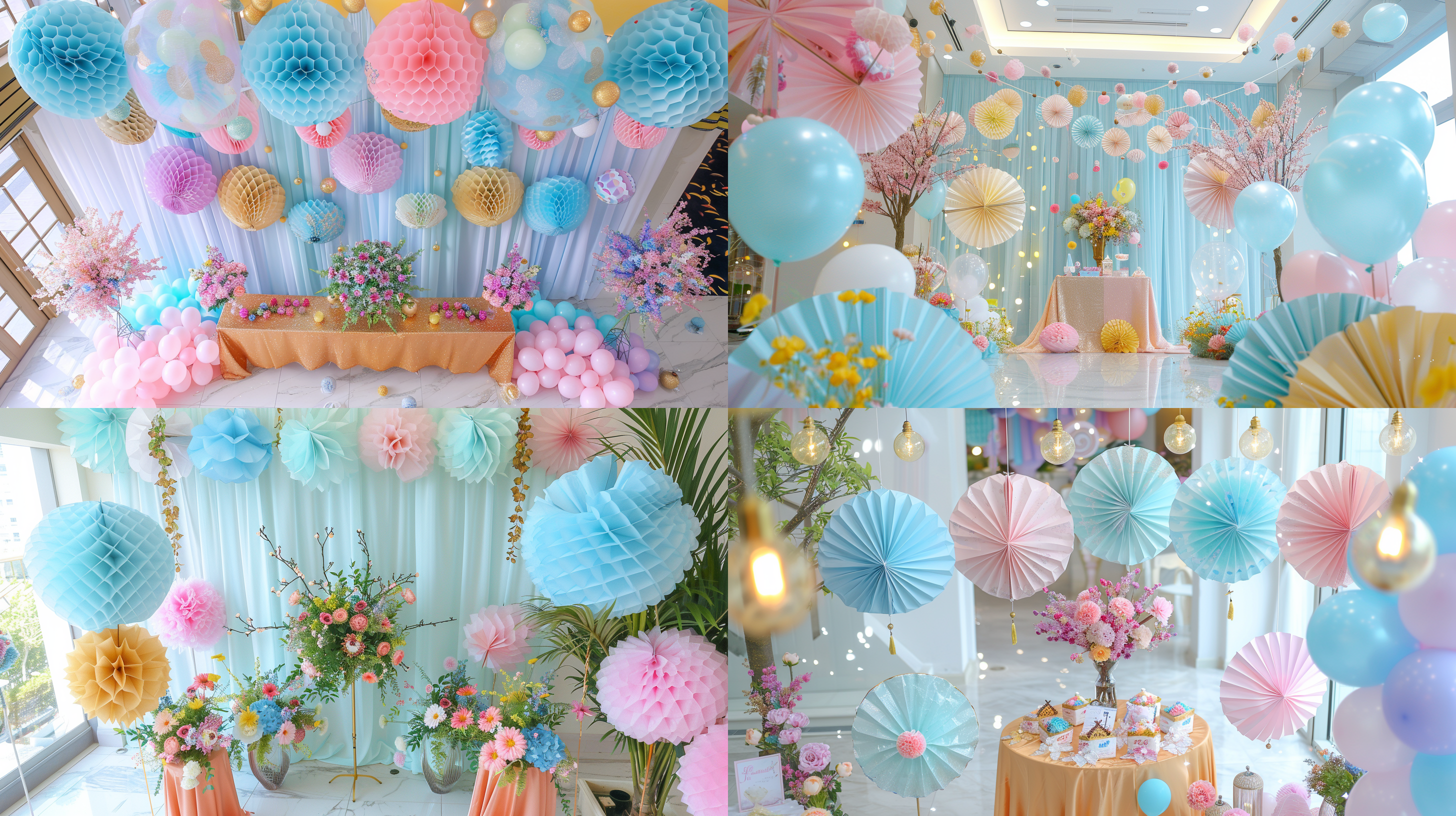 俯瞰图，图片展示了一个室内的色彩缤纷的庆祝活动或事件的装饰场景。有各种装饰品，包括多彩的纸扇、花朵和气球，装饰着背景和周围区域。背景是白色的，上面挂着各种形状、大小和颜色的装饰品。前方有一张覆盖着橙色布的桌子，上面摆满了五颜六色的花朵和其他装饰物。图片左侧有一棵开着粉色花朵的树，旁边是玻璃墙或门。地板是抛光大理石，反射着一些顶部的灯光和装饰品。图片右侧地面上放着五颜六色的气球和一些小装饰物。整个场景充满了欢乐和庆祝的气氛。 粉彩色室内
