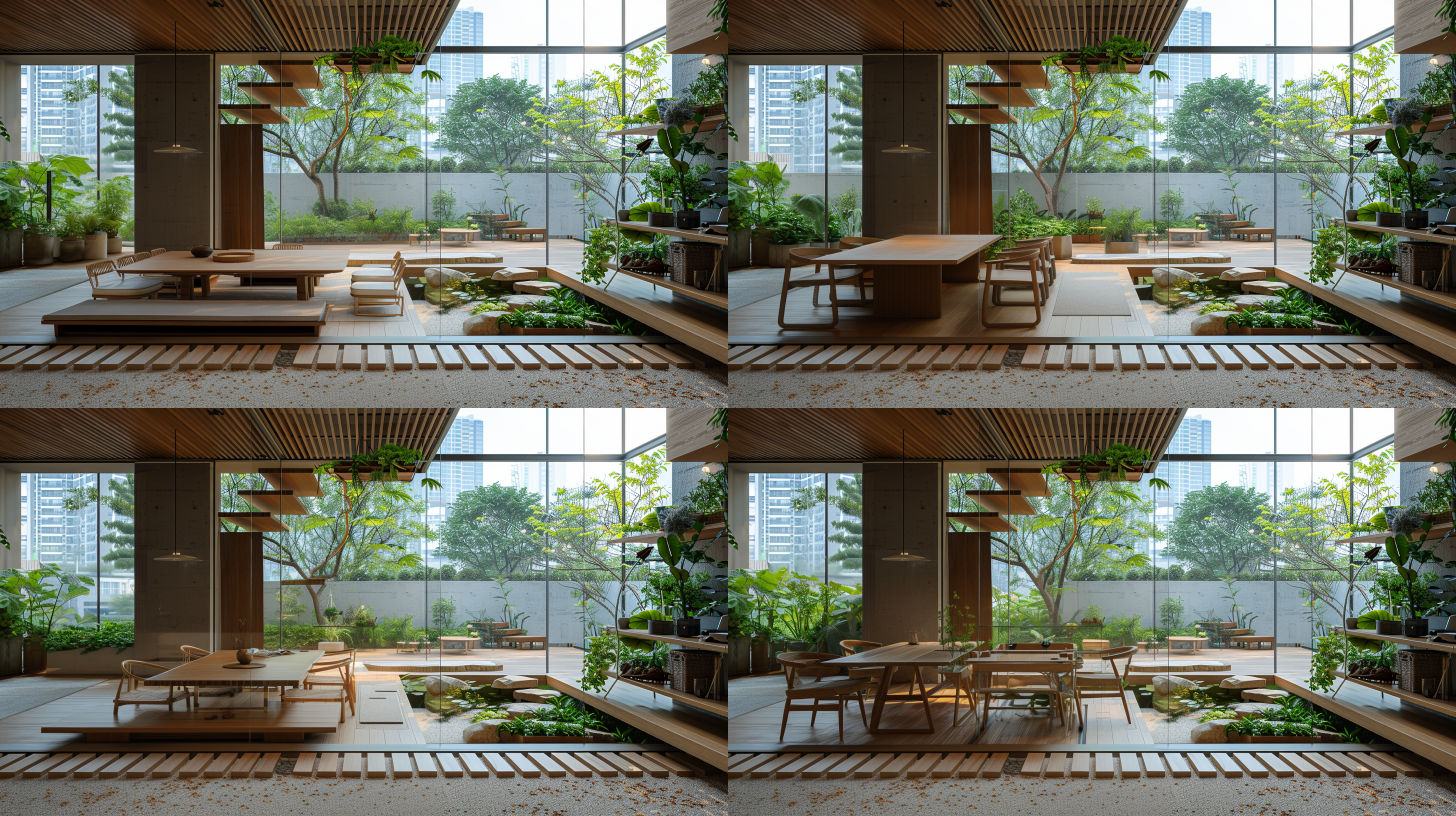 现代风格挑空复式茶厅，大玻璃隔断，花园阳台，高空住宅，城市风景，俯瞰视角，自然光，长焦镜头，浅景深，绿植环绕，毛石茶室背景墙，旋转楼梯，简约线条，清新色调，宁静氛围。