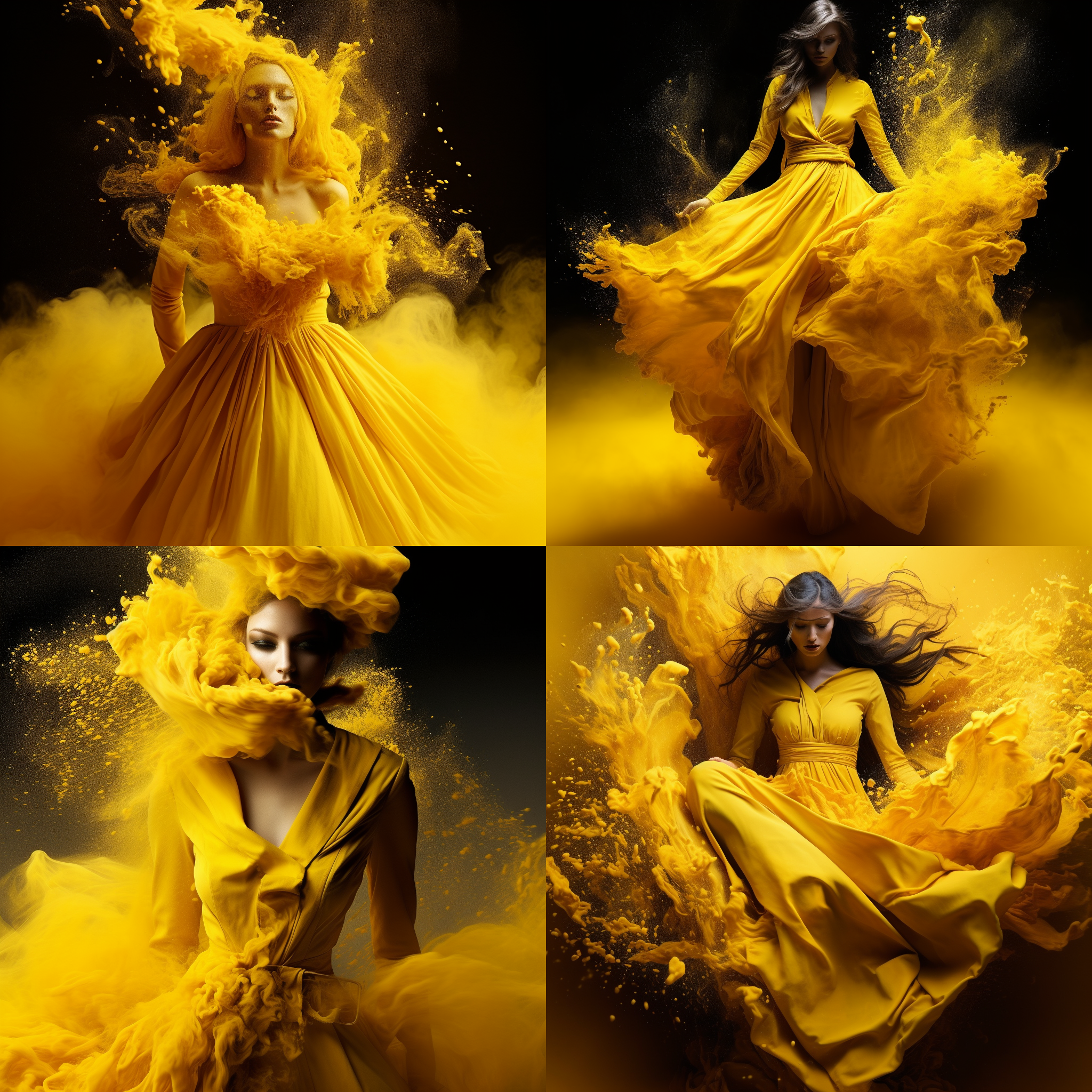 强大黄色粉末爆炸中的商业摄影，展示了一款美女身姿的完美构图，