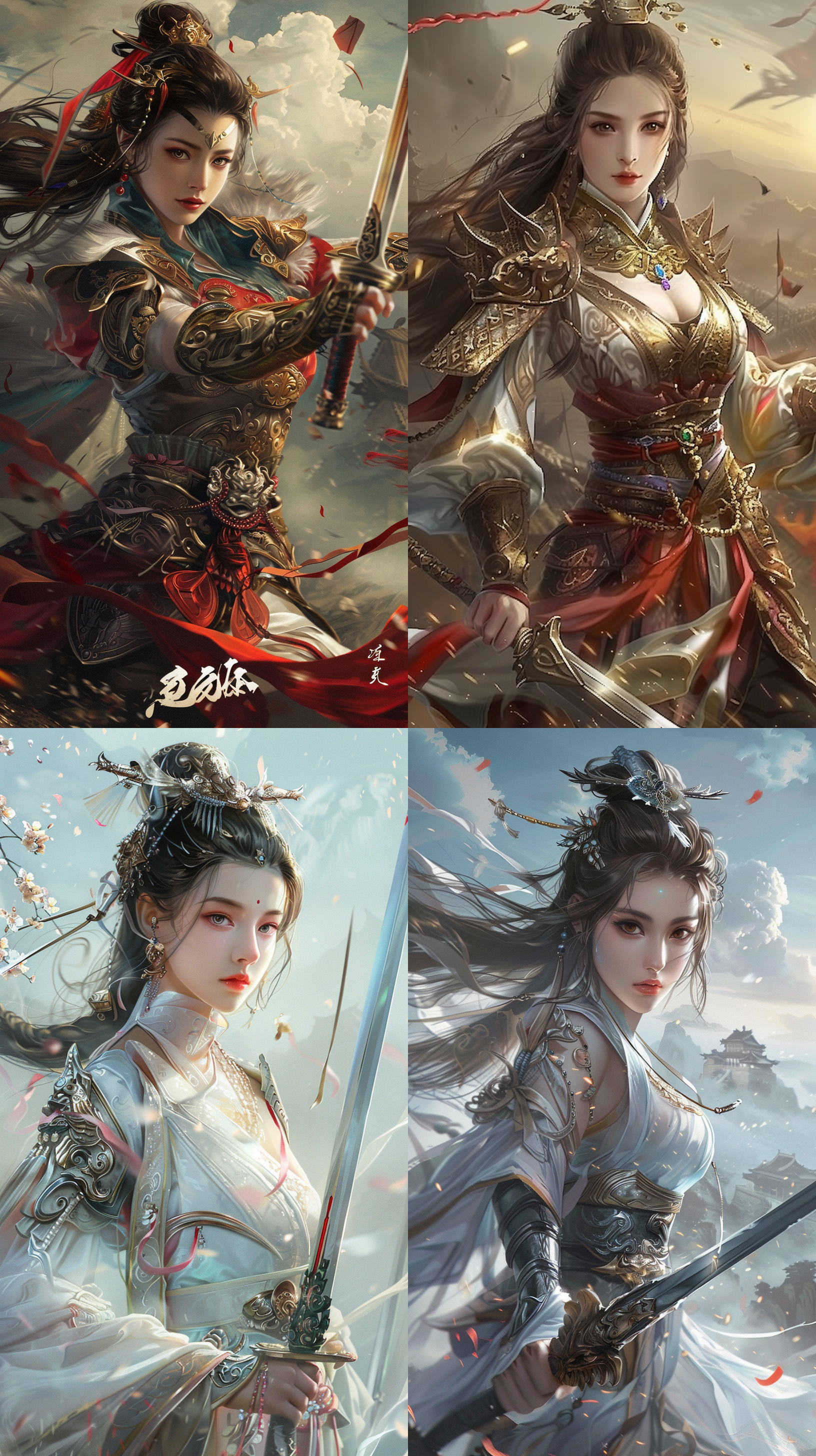a chinese person wearing ancient costumes, flying with a sword in the world of metaphysics, plays the protagonist in the universe, and has a beautiful appearance. she is a female general