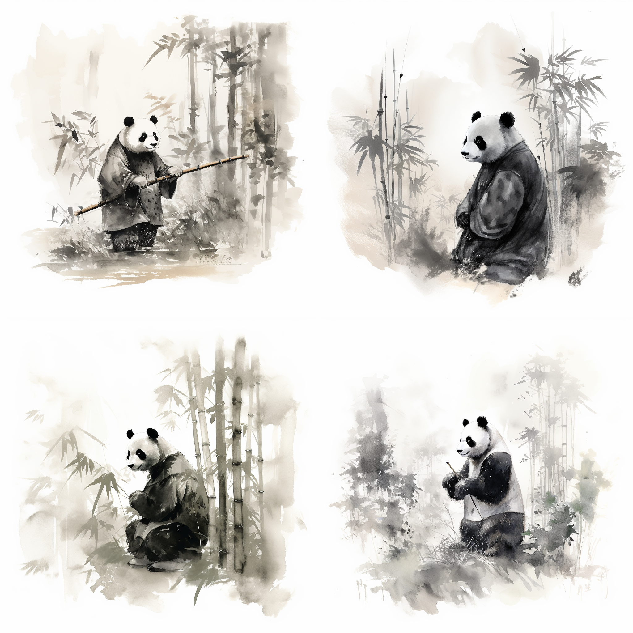 熊猫汉服竹林，水墨画风，横向构图，细腻笔触，高清质感，黑白灰调，静谧氛围，熊猫憨态，汉服飘逸，竹影婆娑，传统与自然融合。