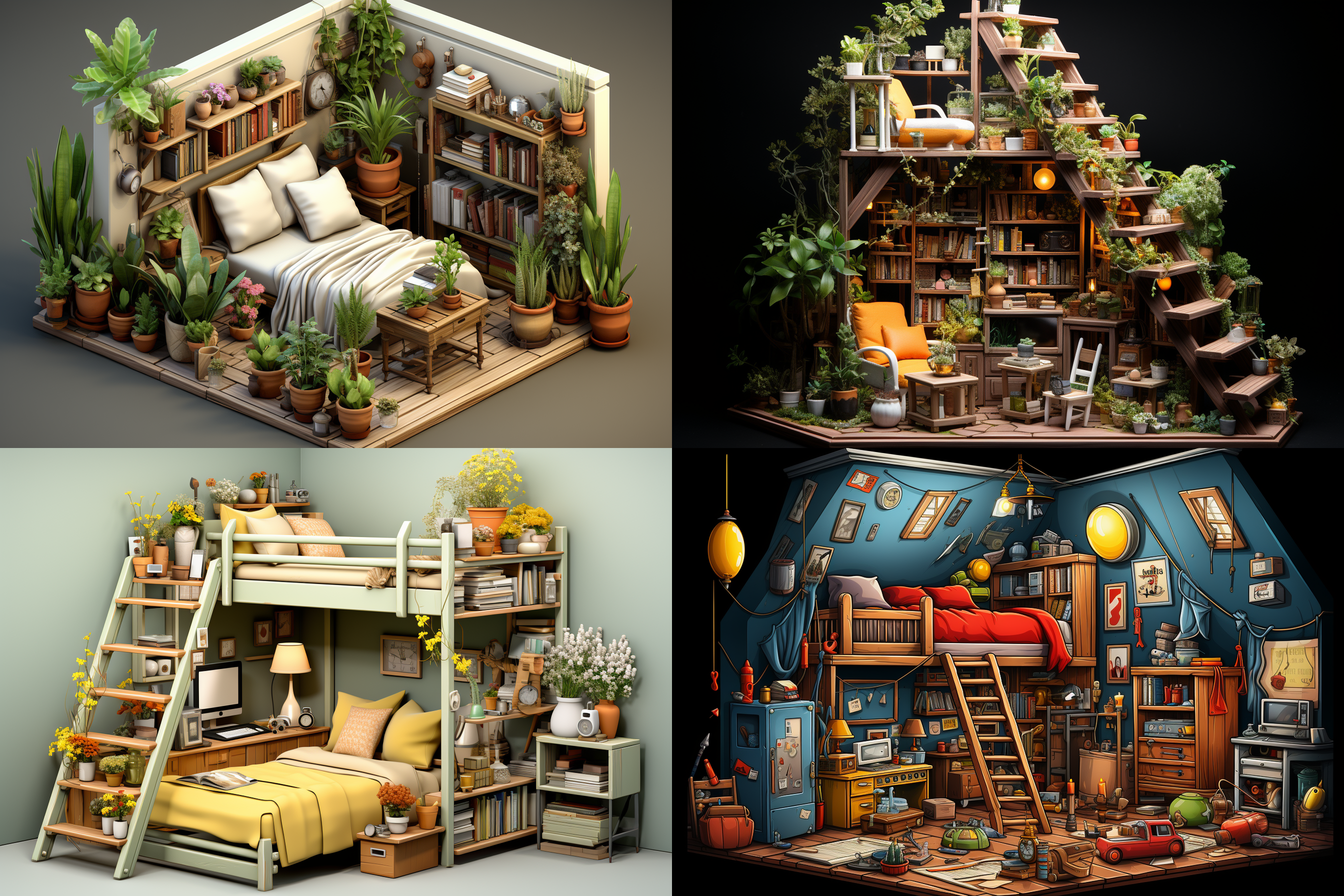 iszsks, bed, stairs, bookshelf, book, no humans, plant, lamp, window, potted plant, pillow, ladder, table, shelf, clock, chair, scenery, indoors, box, trash can, rug, cup, door, bedroom, sink, computer, desk, stuffed toy, cabinet, artist name, kitchen, no humans, isometric view, cutaway, diorama, isometric cutaway, masterpiece, best quality