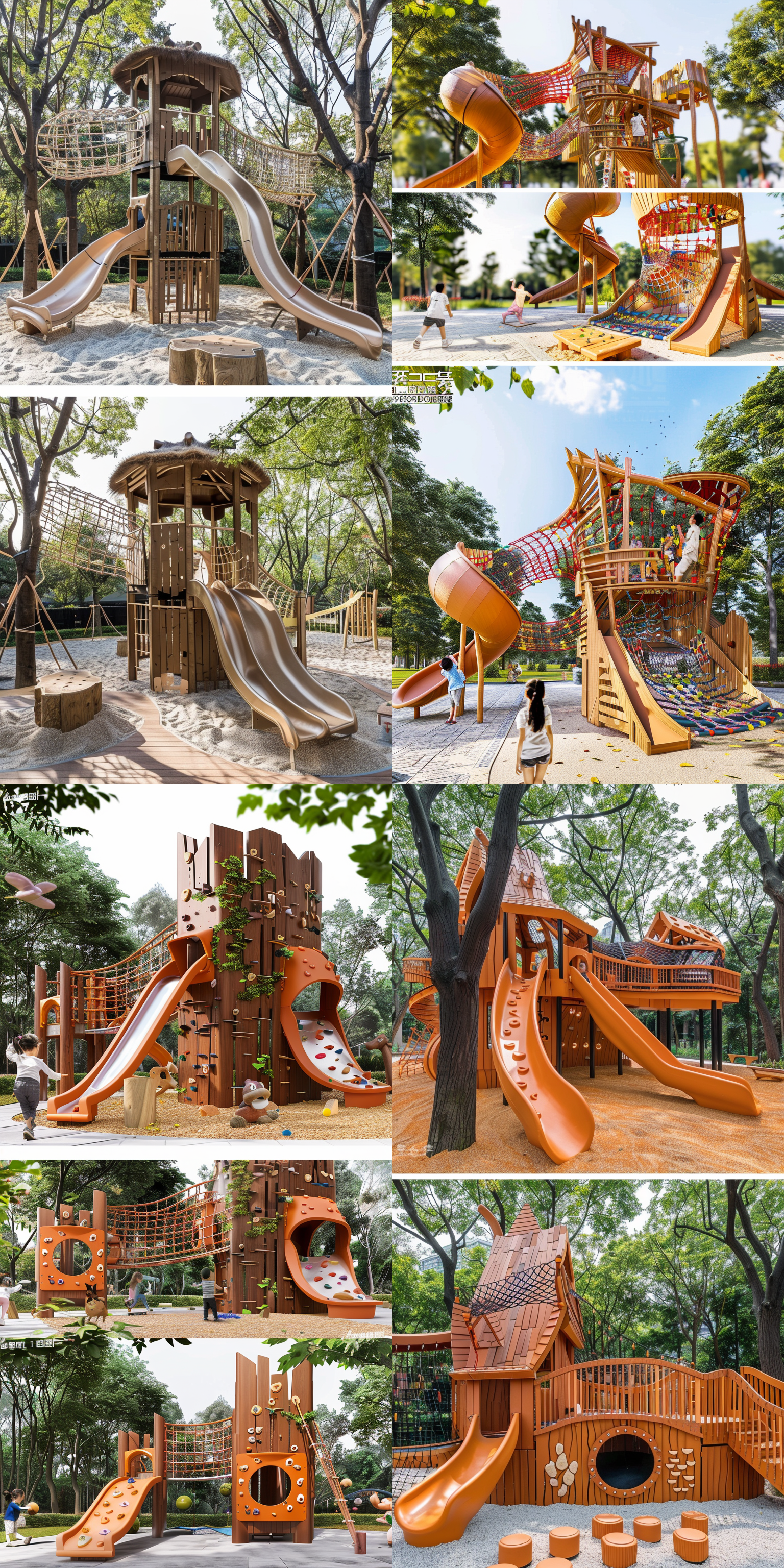 儿童游乐，攀爬架，攀爬网组合，摇马，沙坑，蹦床，大型组合，国风元素，国潮风格，纵向张开，平面构成，结合休闲坐凳