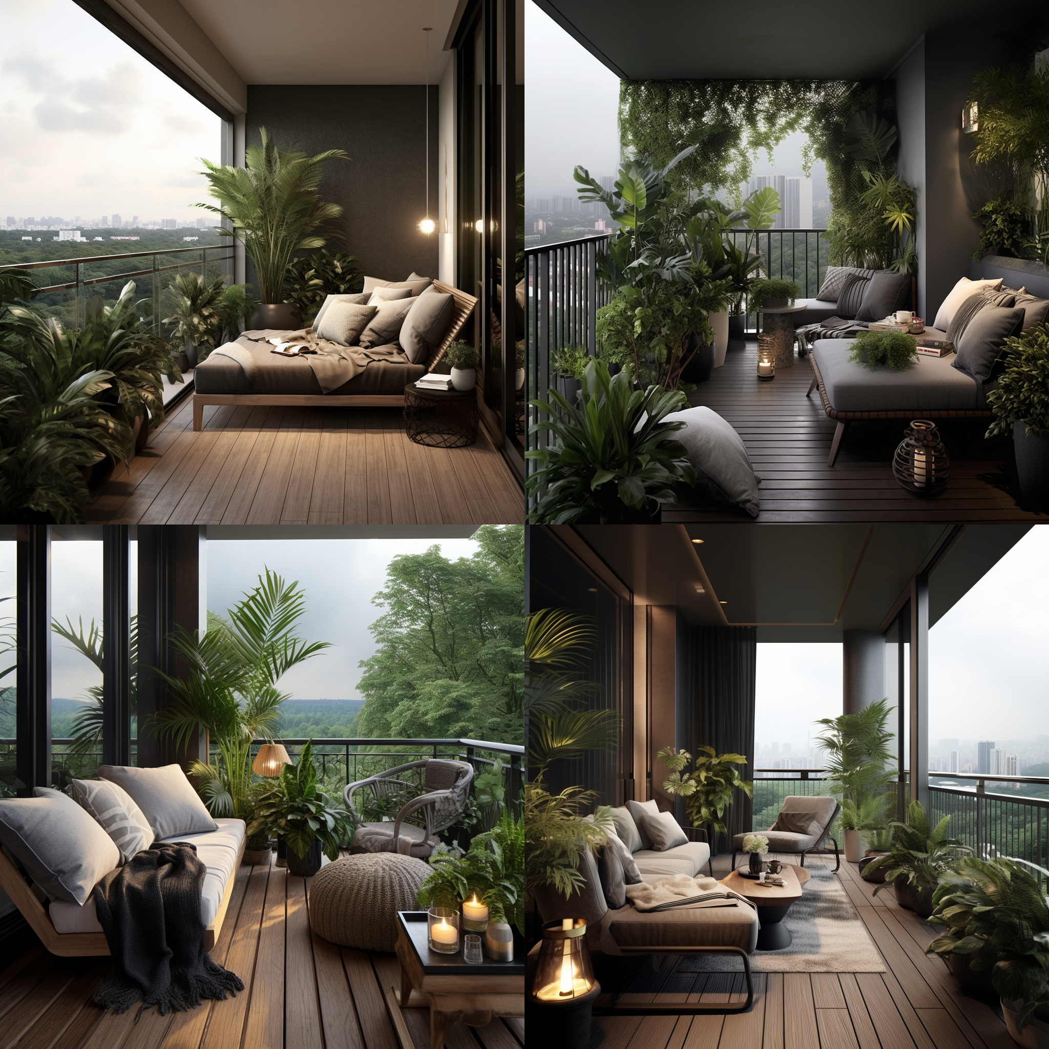 阳台室内设计，自然光线，暗黑装修，大飘窗，细节清晰，广角镜头，全景镜头，室内绿植，现代简约，金属质感，深色调，柔和侧光，室内外融合，静谧氛围。