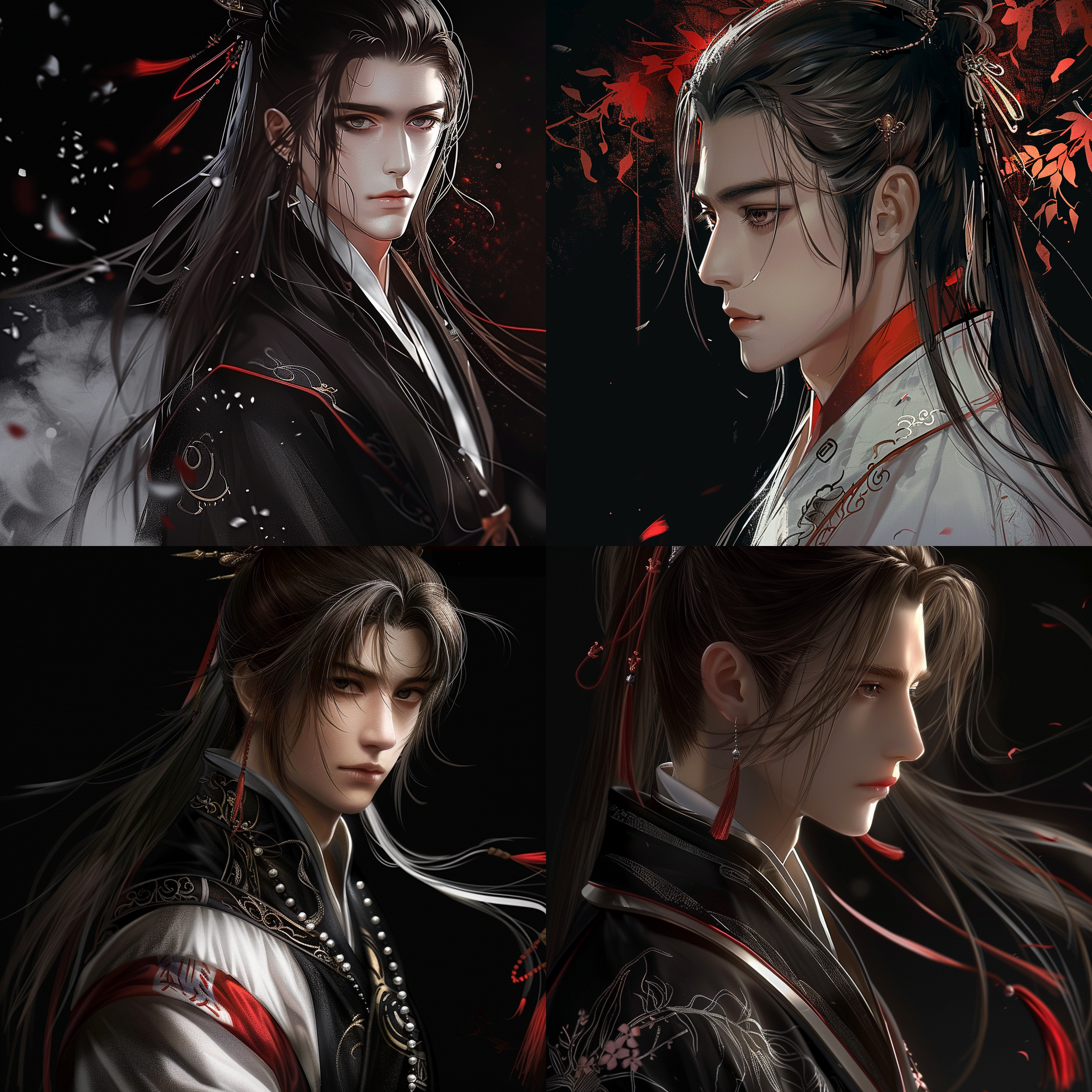 中式美男动漫壁纸，黑色背景，白红装饰，精致面容，马尾长发，优雅设计，半身肖像，幻想武侠装，深灰眼眸，深褐肤色，暗调氛围，细节完美，大师风格，高清画质，对比鲜明，线条流畅，光影细腻，神秘感，东方美学，静态动感，视觉焦点，色彩饱和，情感内敛，艺术张力。