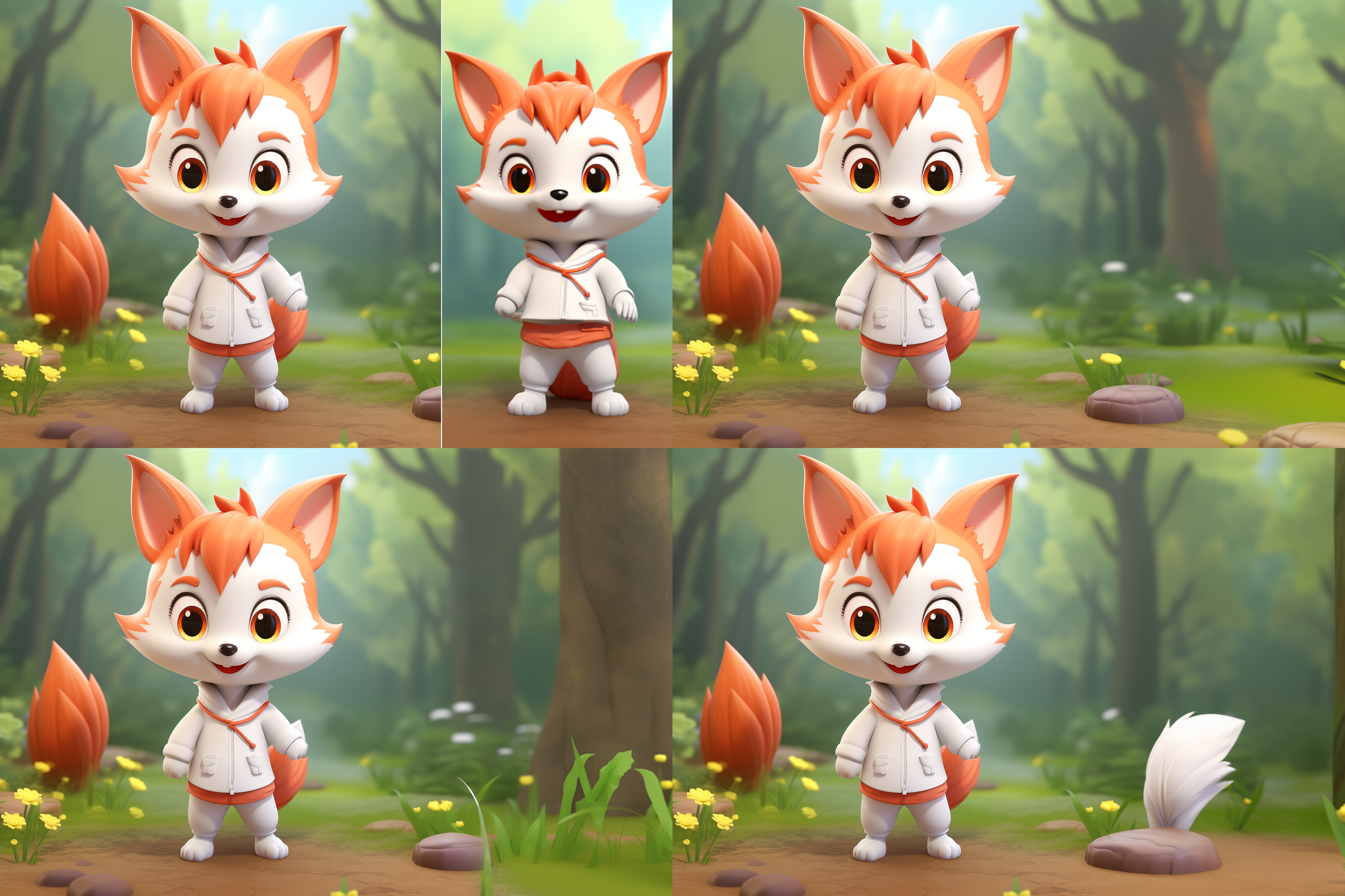 联通沃派ip形象“彤彤”，小狐狸，可爱青春，深邃眼眸，白色服装，红色橙色字体“联通沃派”，森林背景，自然光，柔和色调，特写镜头，微笑表情，活泼姿态，亲近自然，传递活力。