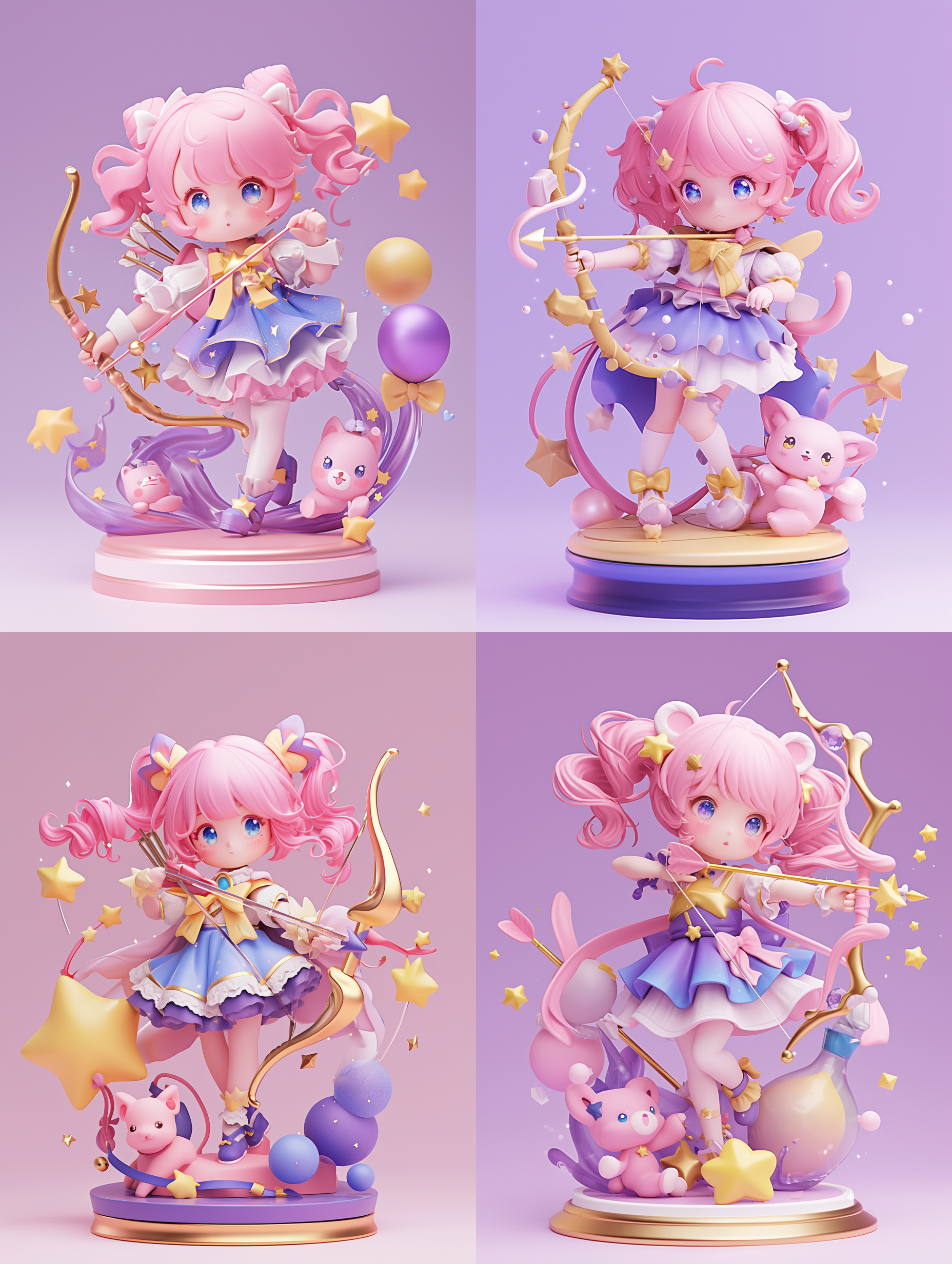 super cute girl ip made by pop mart, bow and arrow in hand, constellation theme, sagittarius, 3d models, blind box toys, fine gloss, clean background,a big bottle, 3d rendering, best quality, 8k,,,in clothes