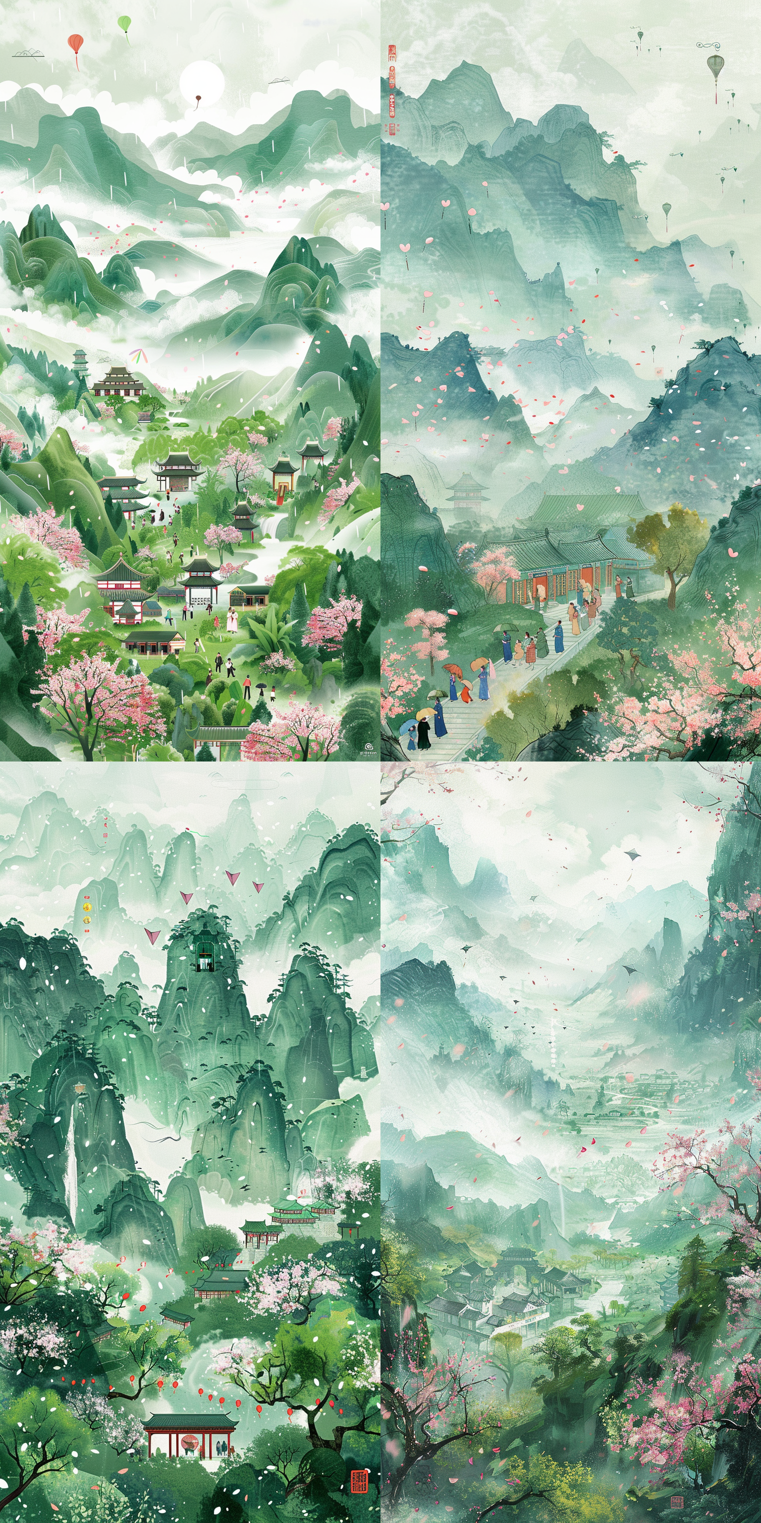 清明节海报，春雨润山，绿树成荫，远山朦胧，传统服饰，手持鲜花，祭祖扫墓，樱花盛开，粉瓣飘落，纸鸢点缀，绿意盎然，阴天背景，偶有细雨，彩色线条平涂风格，绿色调为主，俯瞰视角，梵高画风，天空俯视。