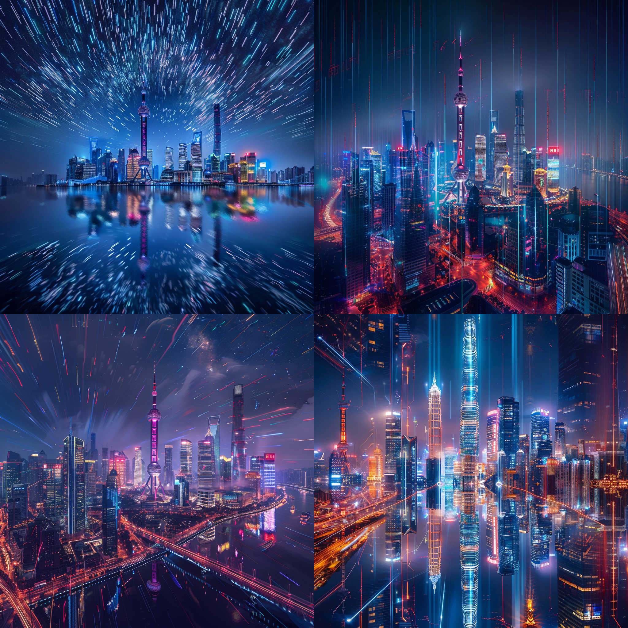 十年后的陆家嘴，未来都市天际线，超现实主义风格，夜晚，霓虹灯光，长曝光，星轨，无人机航拍，全景，玻璃幕墙建筑，反射，科技元素，繁荣，活力。