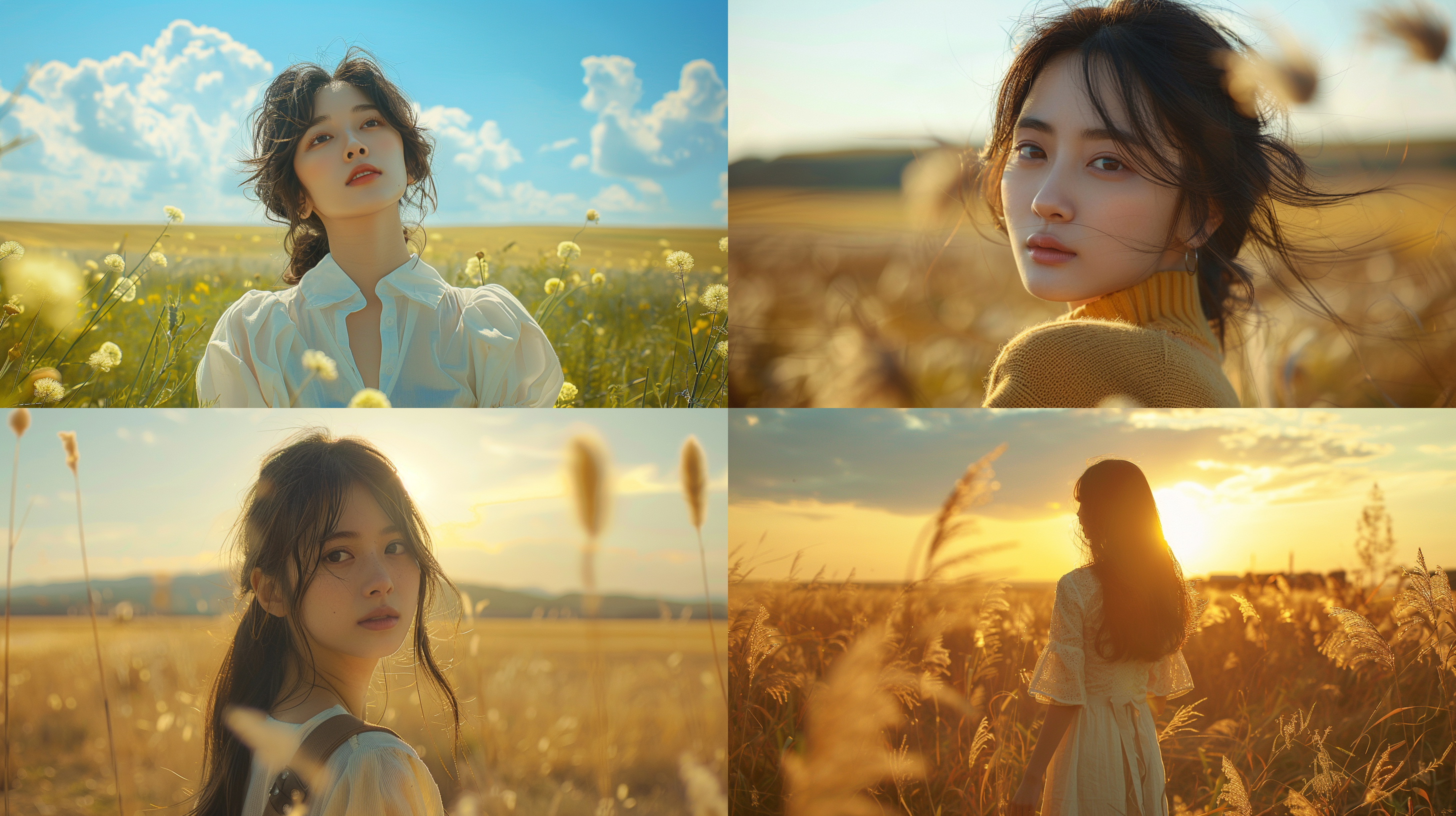 in a vast open field, an asian girl, authentic, fresh, and bright, medium long shot.,,in clothes