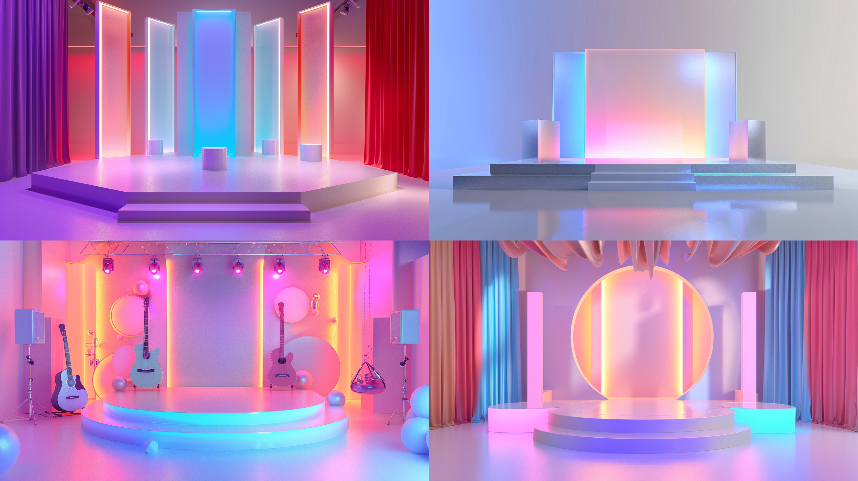 3d音乐元素展览台，三色配色方案，闪耀亚克力背景板拼接，c4d视觉渲染，动态感，广角镜头视角，巧妙灯光效果，正面照明，简洁白色背景。