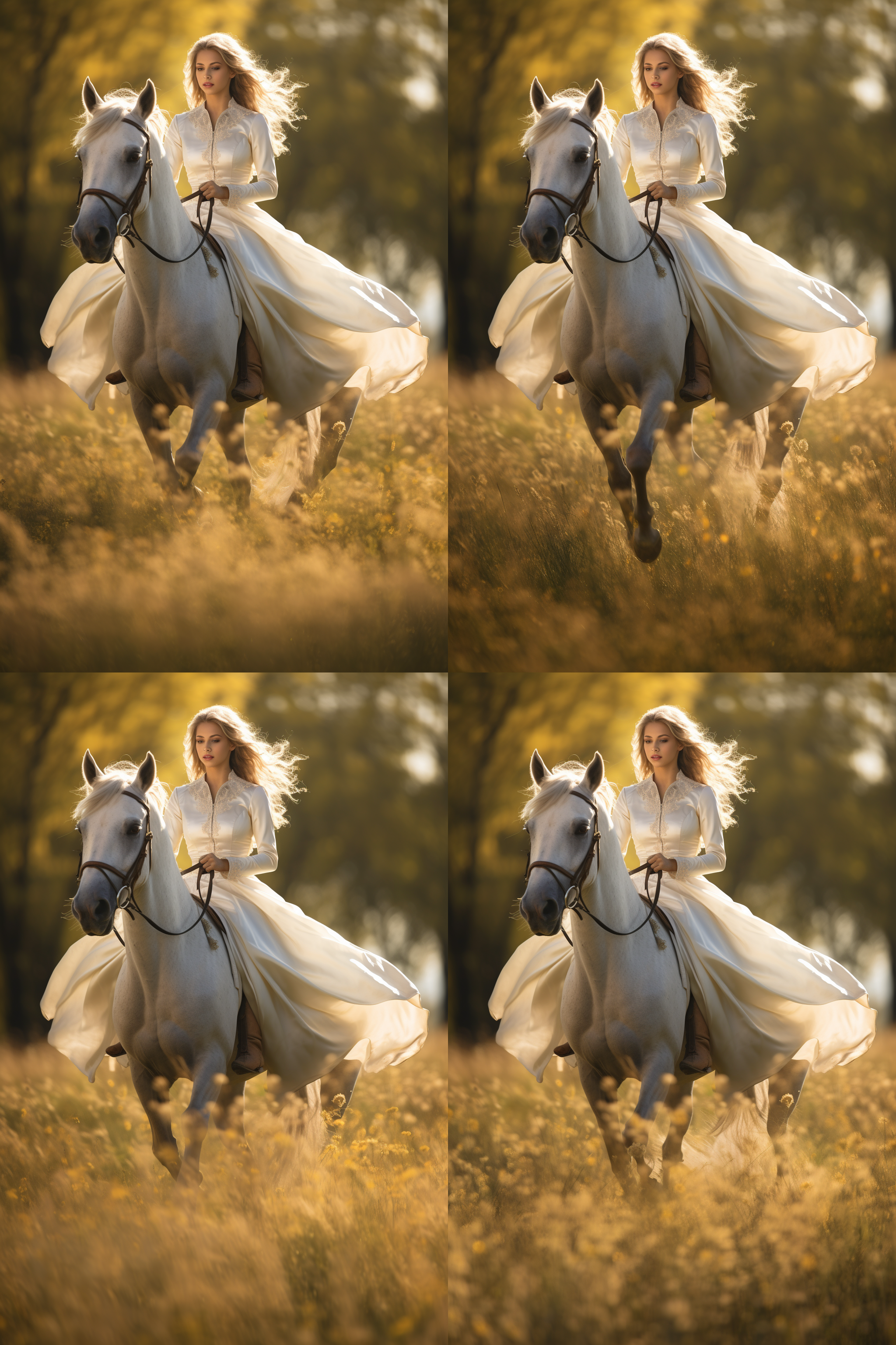 女子骑马装，高端马场，白色骏马，优雅驰骋，宽阔草地，晨光斜照，长焦镜头，背景虚化，动态捕捉，自信微笑，和谐色彩，力量与柔美并存。