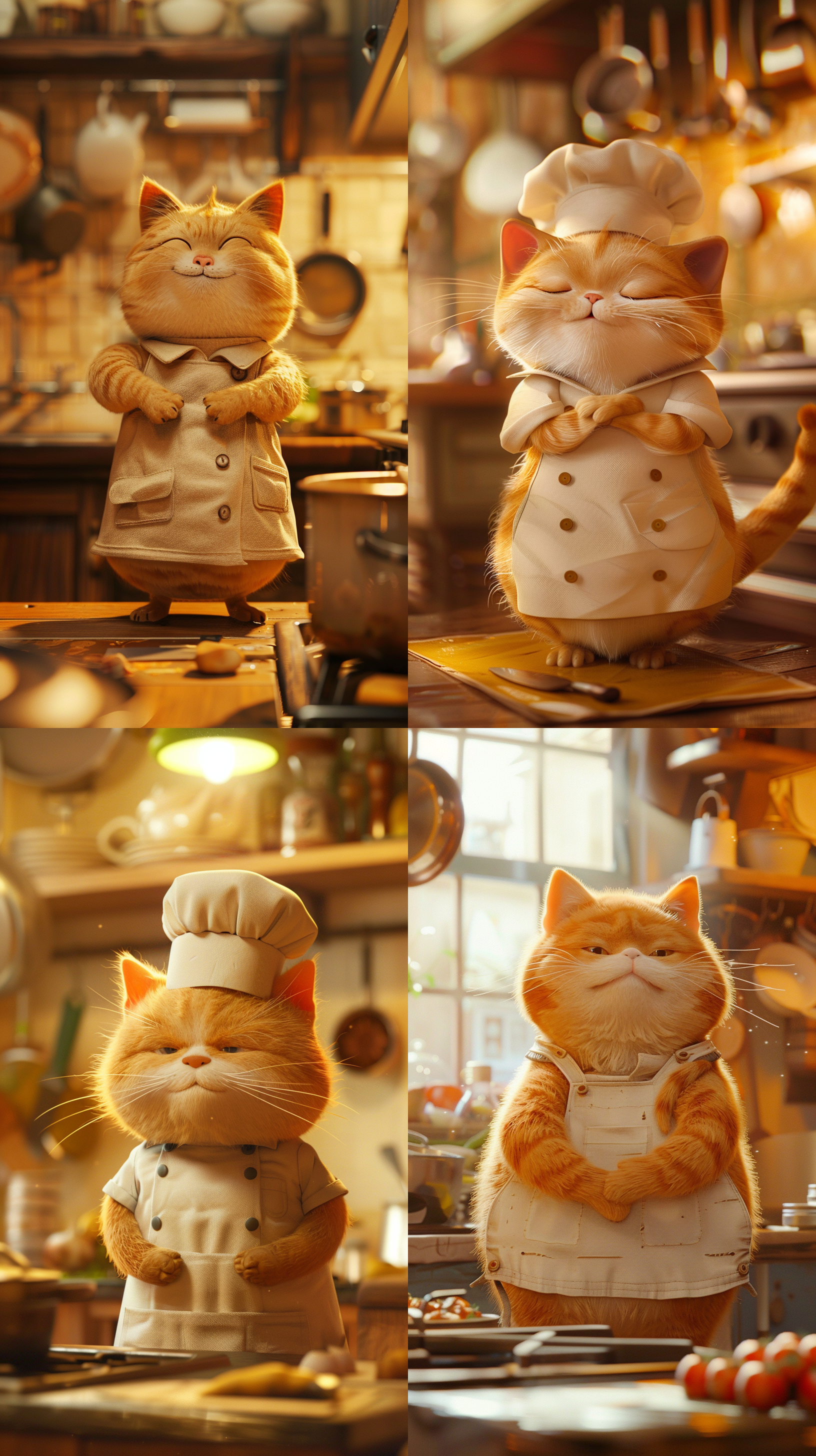 胖橘猫厨师，圆润身形，憨态可掬，工作服整洁，漫画风格，3d立体，电影级质感，室内厨房，柔和侧光，暖黄调，特写镜头，温馨氛围，惹人喜爱。